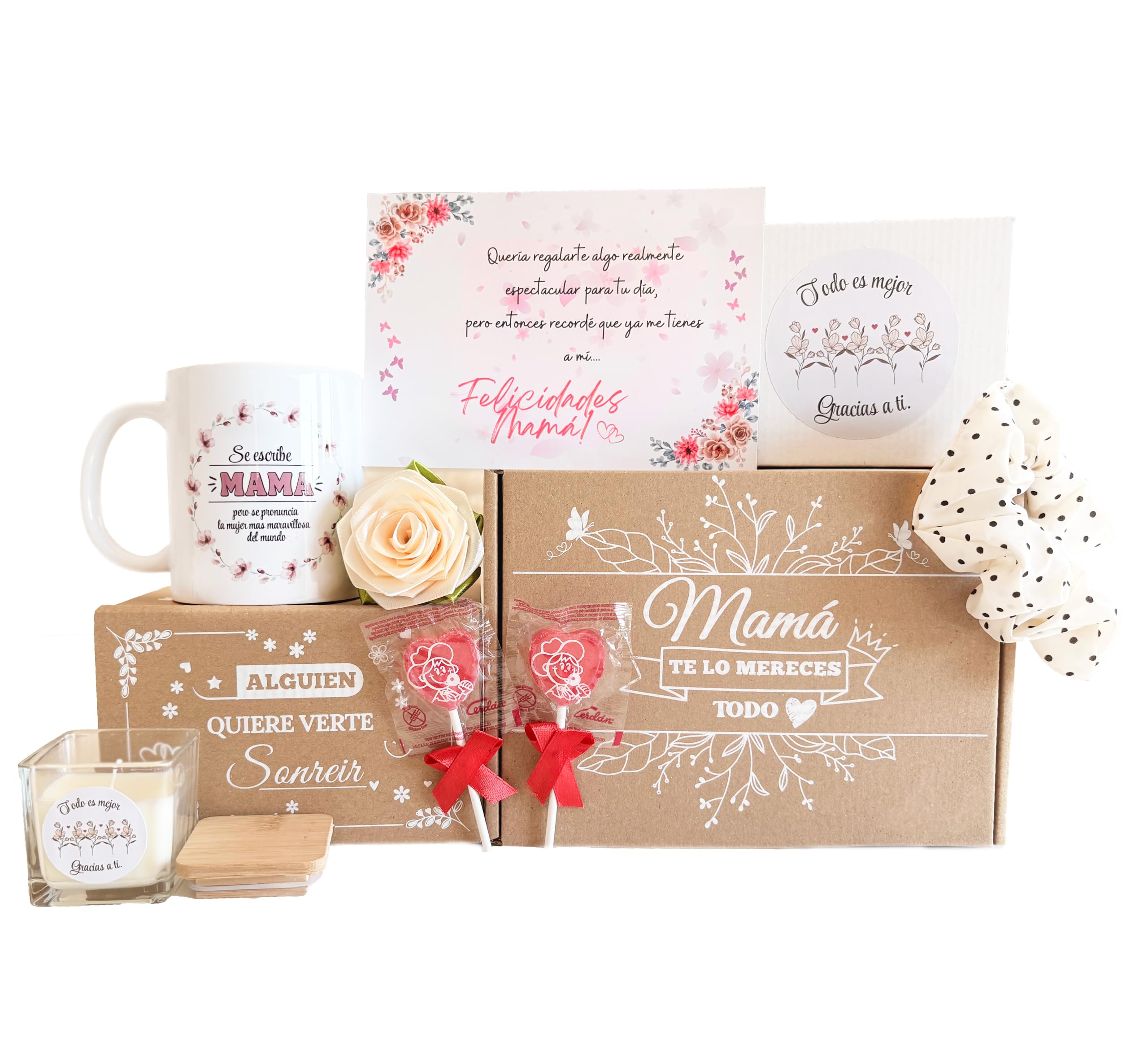 Pack Regalo para Mamá | Caja Original con Taza, Vela Perfumada, Coletero, Piruletas y Más | Regalo Día de la Madre, Cumpleaños o Navidad para Mujer