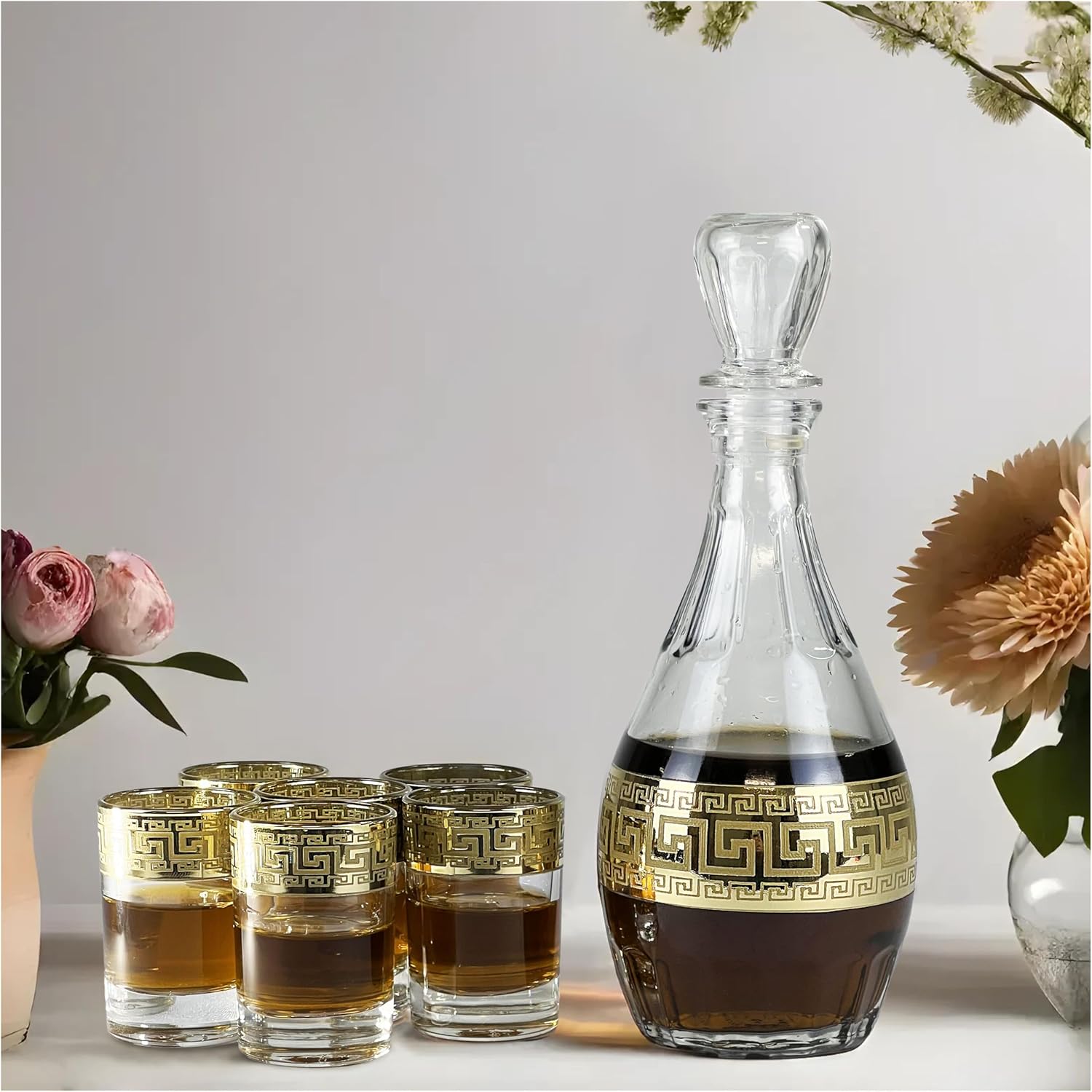 Joseph Sedgh Collection Greek Key Decanter and Shot Glass Set of 7 – 16.9 oz Decanter, 2 oz Shot Glasses. Ideal for Tequila, Vodka, Aperitif. Dishwasher Safe Premium European Grade Glassware - Image 5