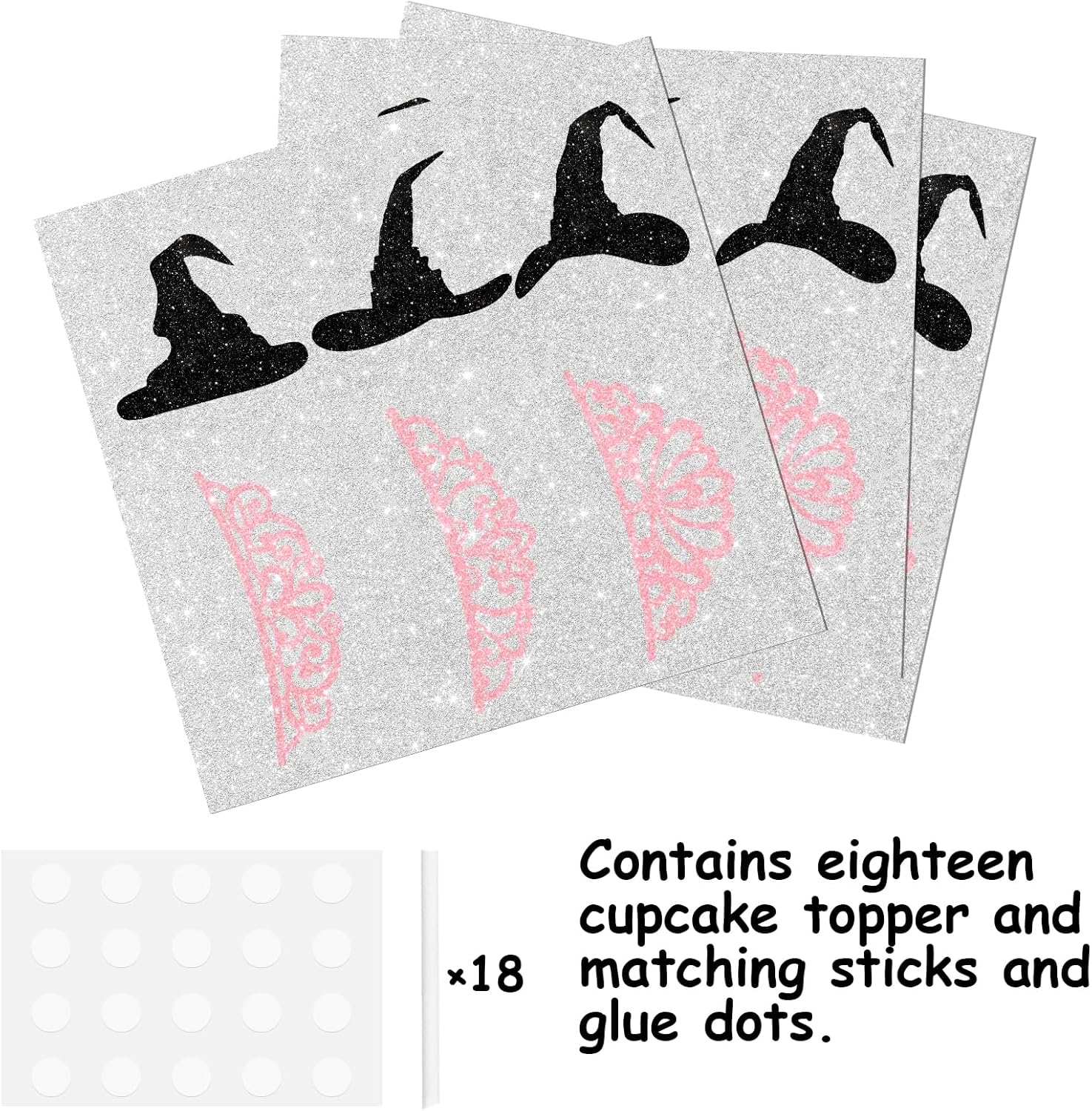 18pcs Black Pink Glitter Witch Hat Crown Dessert Cupcake Topper Pick for Princess Witch Party Theme Decor Supplies Men Women Boys Girls Happy Birthday Party Decoration