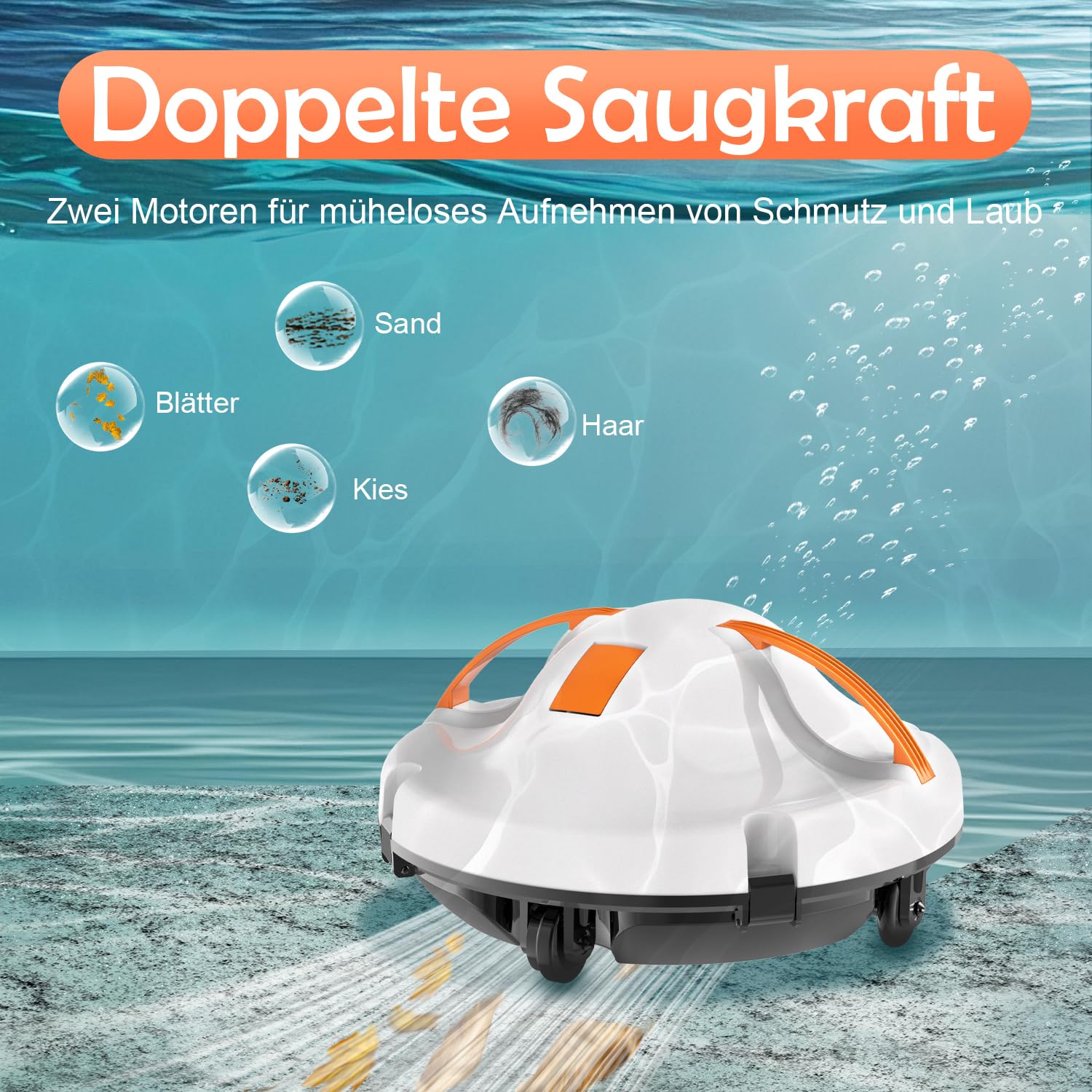 (2026 Neu) Poolroboter, Kabelloser Poolsauger Akku mit 130 Min Laufzeit, Dual Motoren Poolreiniger, Selbsteinparkfunktion, Tragbar Poolroboter Akku für Flache Böden Pools bis zu 102 m²