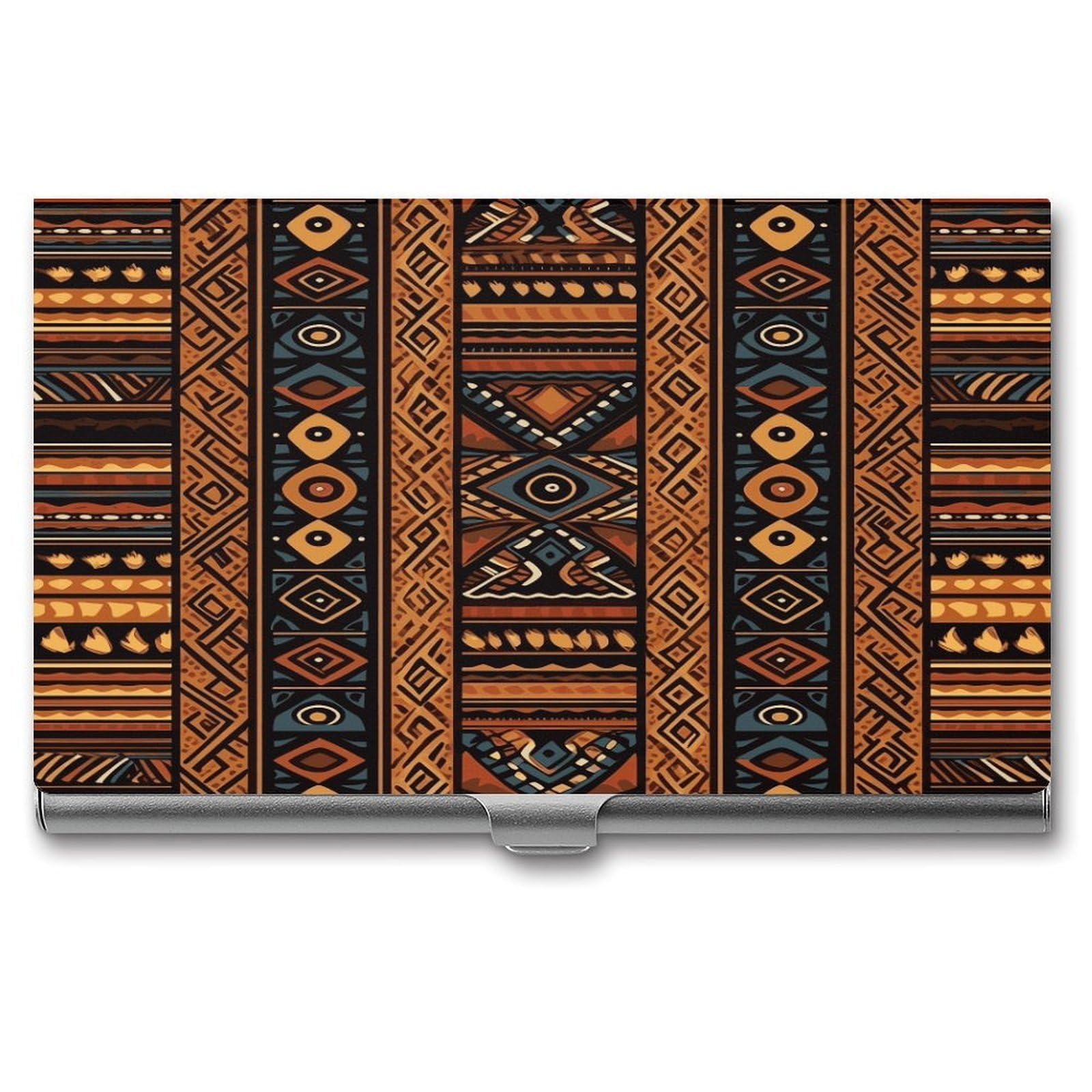 JTREHY Traditional African Design Pattern Business Card Holder Slim Purse Name Card Holder Portable Metal Business Card Case Wallet Large Capacity Lightweight Business Card Case for Men Women