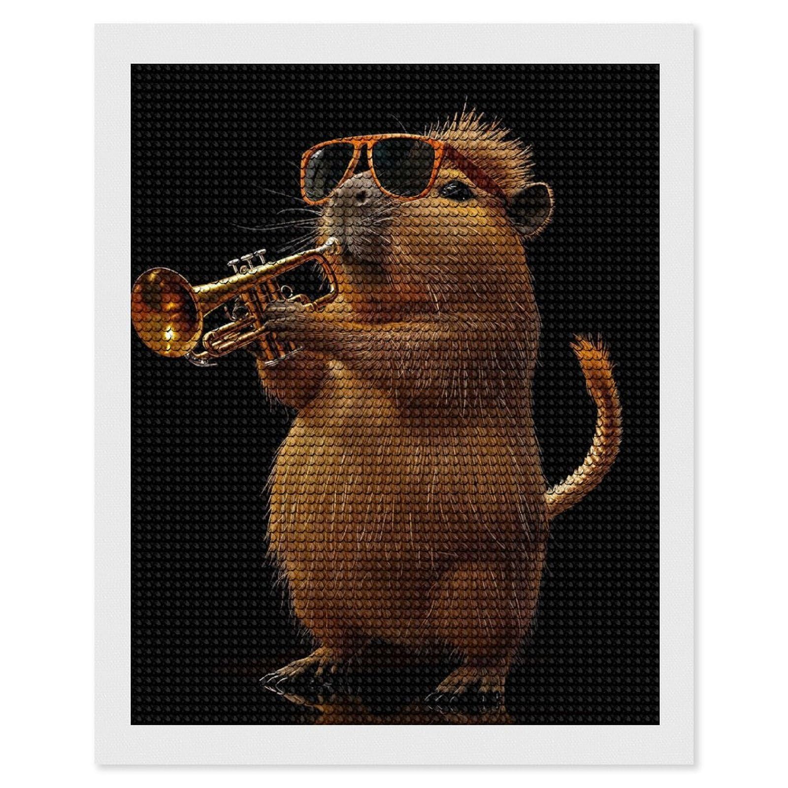 Junmoney Capybara Trumpet DIY Diamond Art Canvas Kit 16"x20", Decorate Your Room, Sparkling Round Gems, Fun Craft Experience, Farmhouse Decor