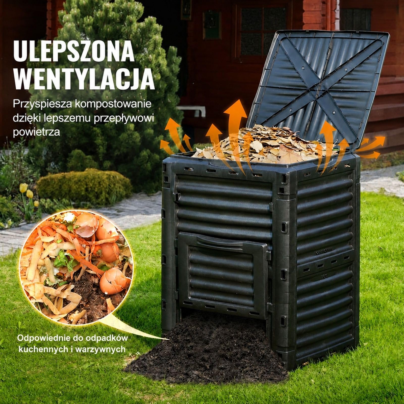 Kompostownik ogrodowy 300 L, czarny pojemnik PP z gorną pokrywą i dolnymi drzwiczkami do ogrodu