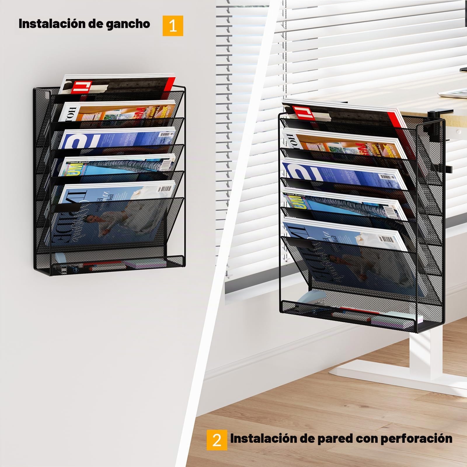 Organizador de pared o de escritorio sin taladro, revistero de 6 niveles de metal negro – Fijación de junta para mesa – Opción de pared con tornillos