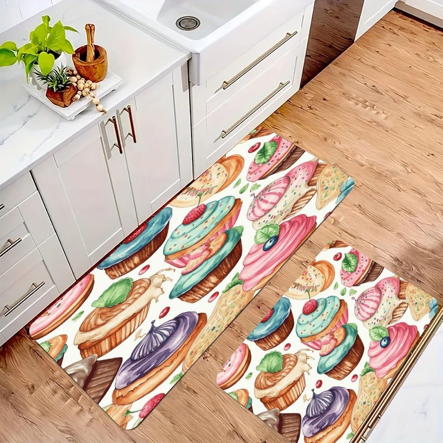 Cupcakes Donuts Muffins Sugar Kitchen Mat Set of 2 Ergonomic Comfort Velvet Rugs Cushioned Anti-Fatigue Non-Slip Standing Mats Thick Kitchen Floor Mat Carpet Runner Rugs 16"×24"+17"×47"