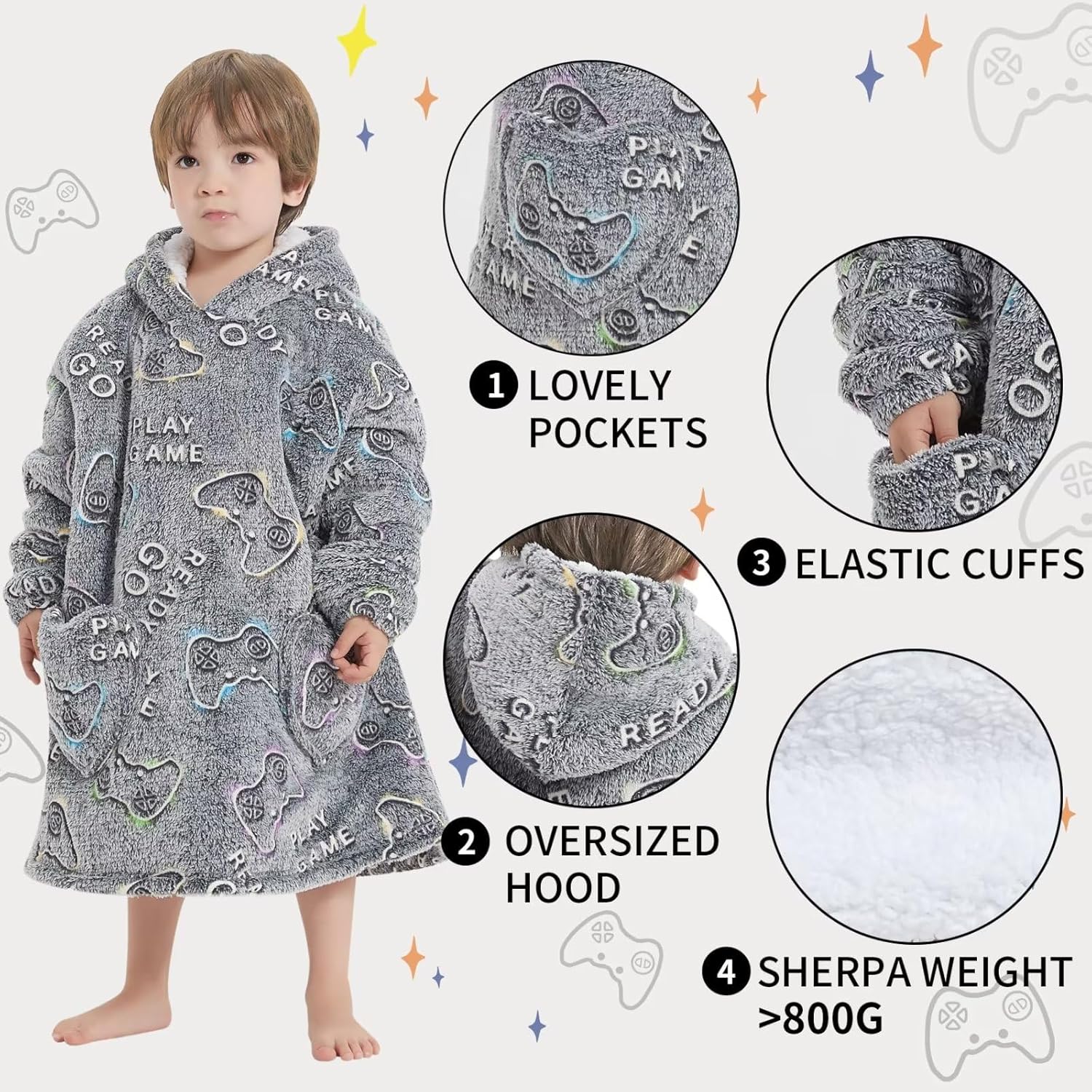 Fiosnow Glow in the Dark Game Controller Blanket Hoodies for Kids Toddler 2-6YR Oversize Wearable Blanket Hoodies for Boys Girls - Image 5