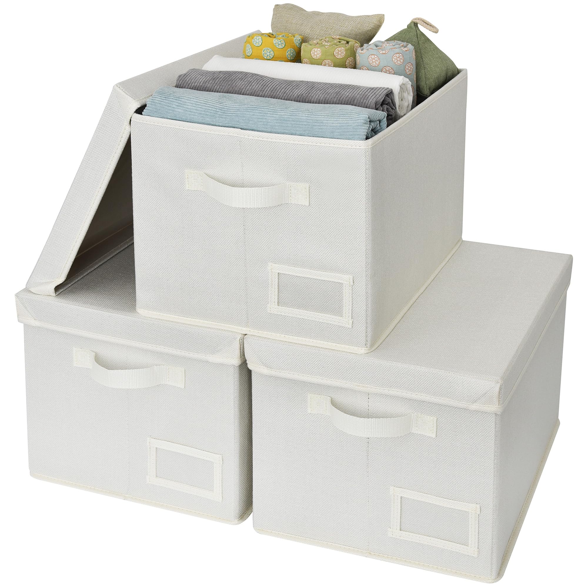 GRANNY SAYS Storage Baskets for Organizing, Linen Closet Shelf Organizers and Storage Containers with Label Holder, Large Storage Bins with Lids for Bedroom, Ivory, 3-Pack