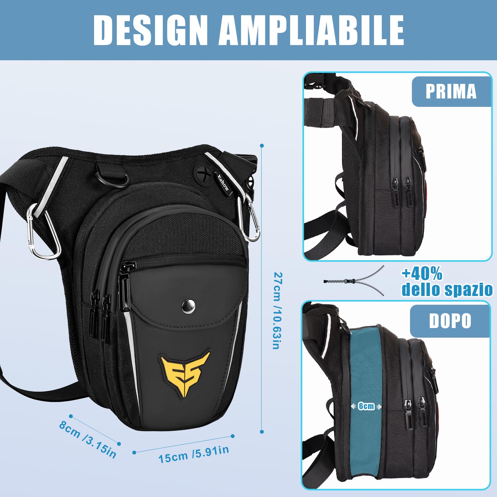 Eshow Marsupio da Gamba Moto, Borsa Cosciale Espandibile con Fibbia Borraccia e Striscia Riflettente per Uomo e Donna, Borsello Sportivo con Multitache per Trekking Ciclismo Viaggio Campeggio Pesca