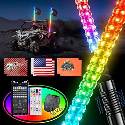 Miniatura 9 de 2 luces de látigo de 4 pies para UTV ATV con base de resorte, luz LED triple más brillante con interruptor basculante y 6 banderas, látigo de antena