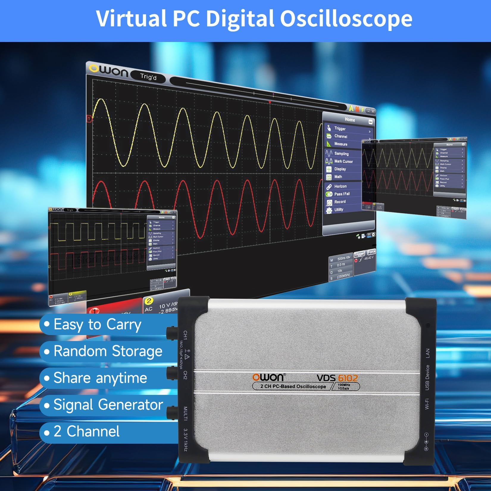 OWON VDS6102 PC Osciloscopio de 2 Canales, Osciloscopio USB, Resolución Vertical de 8 Bits, Ancho de Banda de 100 MHz, Generador de Señ Resolución Vertical de 8 Bits, Ancho de Banda de 100 MHz