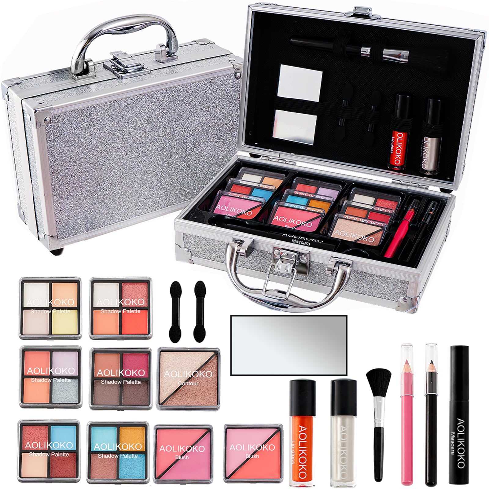 Makeup Kit for Teenager & Women Full Kit, All in One Makeup Set With The Small Cosmetic Train Case, Professional Makeup Kit, Makeup Gift Set for Women Girls (silver)