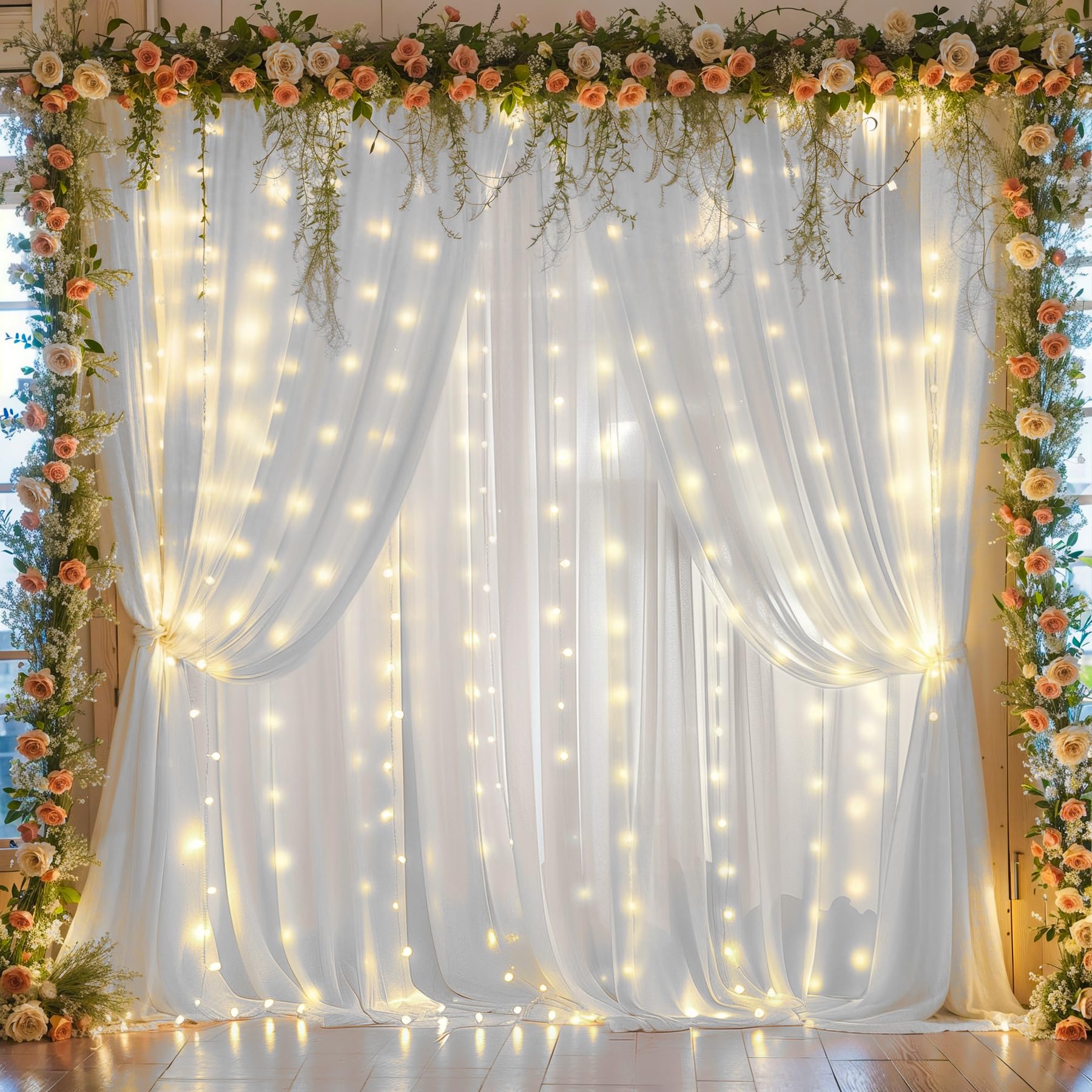 10ft x 10ft White Chiffon Backdrop Curtain with Lights String for Parites Wedding Wrinkle Free Curtain Photo Backdrops Drapes for Baby Shower Birthday