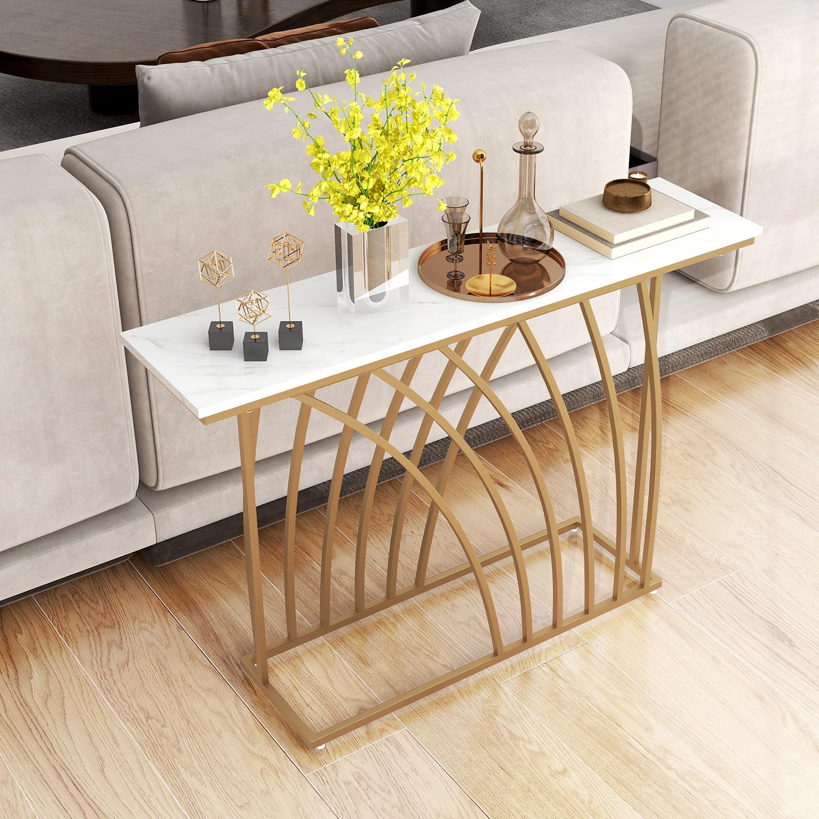 COSTWAY Tavolo Consolle, Tavolo da Ingresso Moderno con Piano Effetto Marmo Bianco, Base Geometrica, Tavolo Lungo e Stretto da Divano per Soggiorno e Ingresso