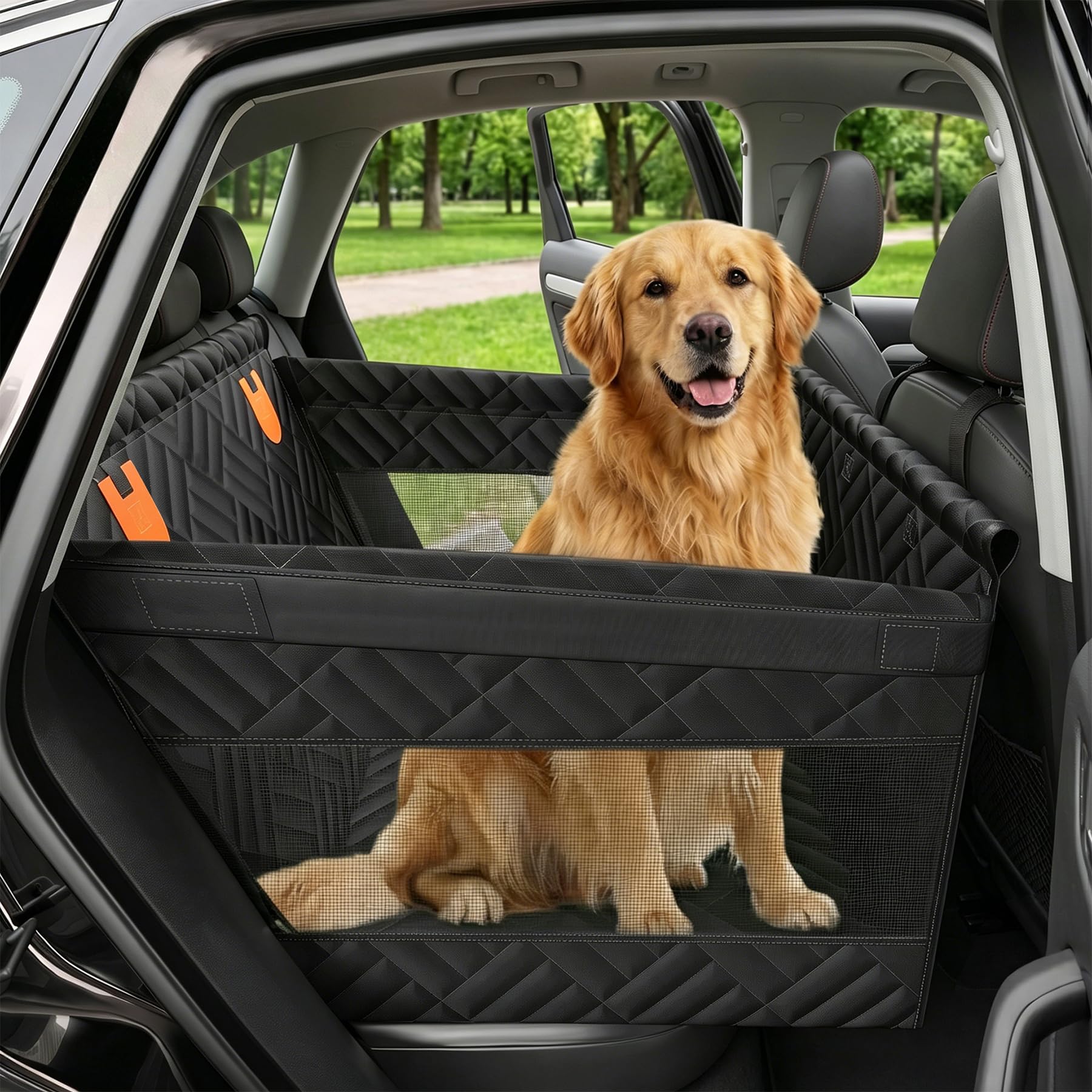 Siège auto pour chien Taille moyenne et petite ceinture de sécurité compatible avec le siège arrière S | Facile à nettoyer, matériau imperméable, avec 4 sangles de fixation, support pliable, fenêtre en maille respirante