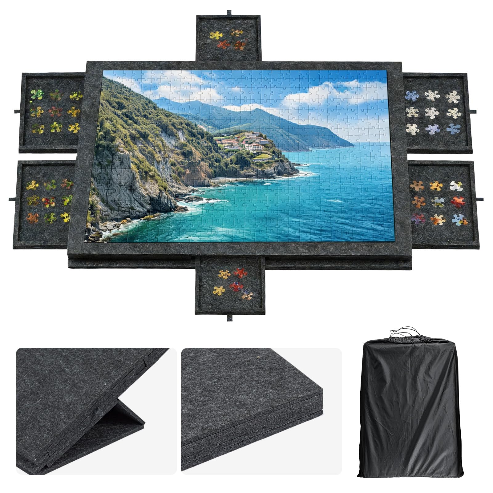 Youyijia Puzzlebrett mit Schubladen & Tragetasche, Neigbare Filz-Puzzleplatte für bis zu 1000 Teile, 2-in-1 Puzzleboard mit Ständer & Abdeckung (Dark Grey)