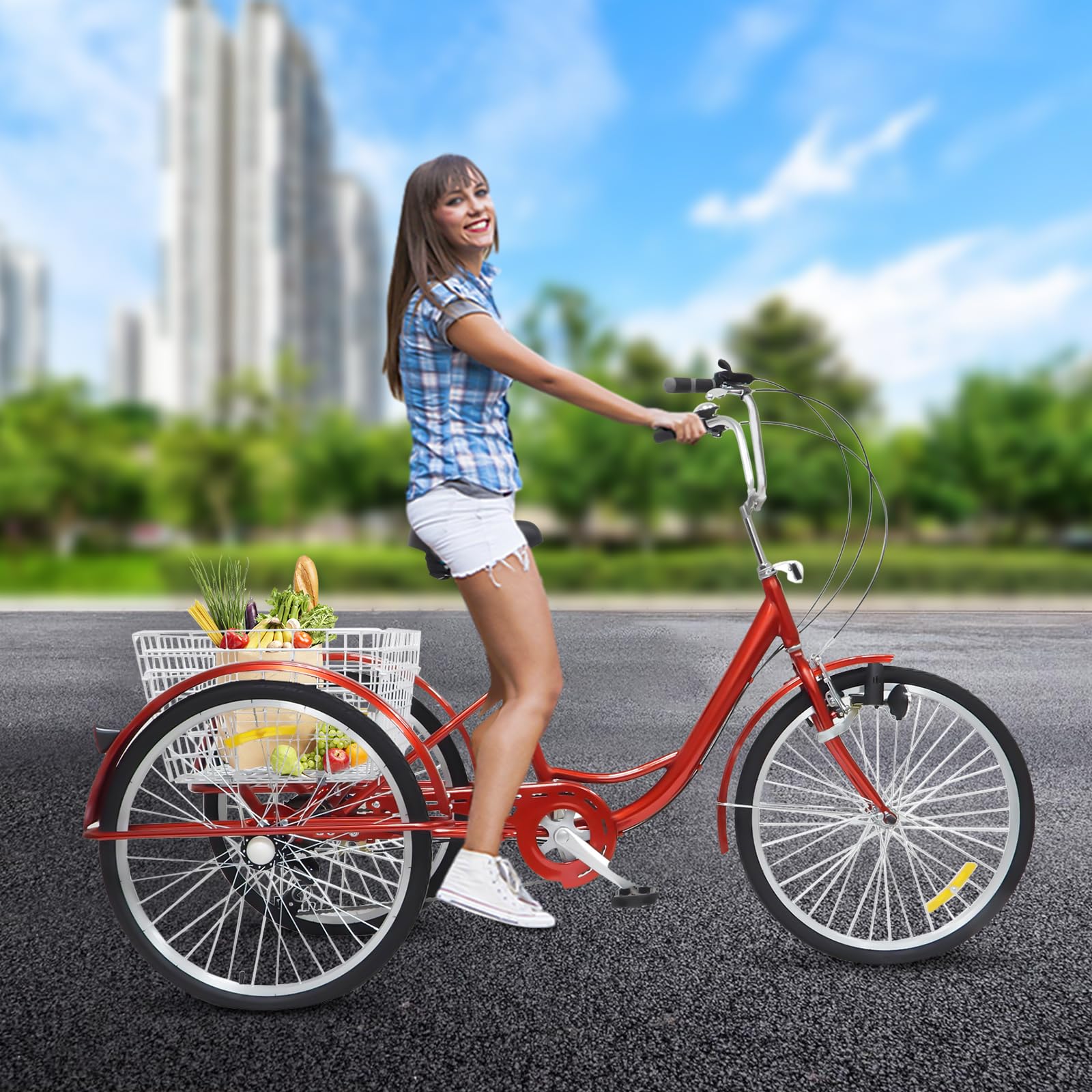 SailorMoon Triciclo para Adultos de 24 Pulgadas, 6 velocidades 3 Ruedas, Bicicleta para Adultos 3 Ruedas, triciclos, con Cesta para Personas Mayores y Mujeres, Altura Ajustable, Color Rojo