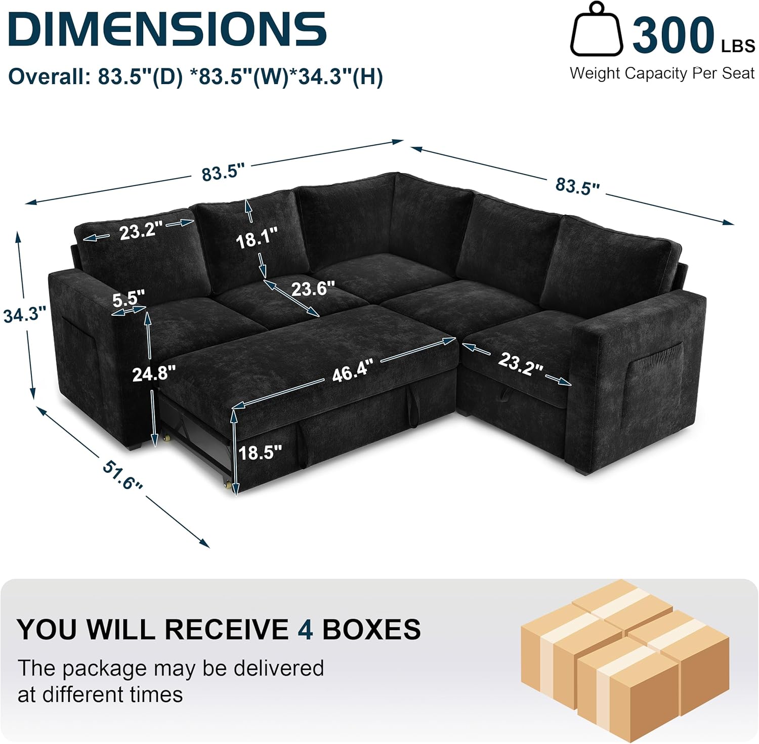 83.5" Sectional Sleeper Sofa with Pull Out Couch, Modern 5 Seat L Shaped Modular Couch, Sectionals Modular Sofa with Storage, Comfy Sectional Couches for Living Room & Apartment, Black