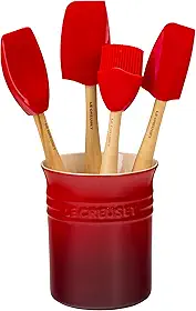 Le Creuset Conjunto de utensílios de silicone da série Craft com pote de grés, 5 peças, cereja