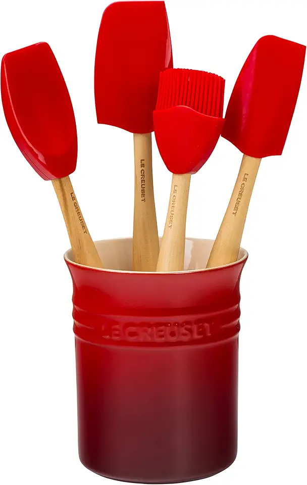 Le Creuset Conjunto de utensílios de silicone da série Craft com pote de grés, 5 peças, cereja