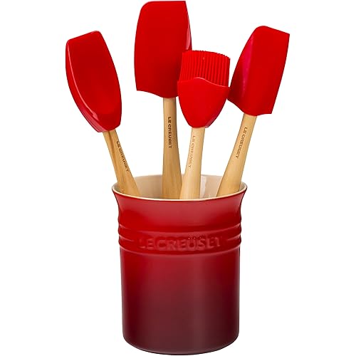 Le Creuset Silicone Craft Series Utensil Set with Stoneware Crock, 5 pc., Cerise