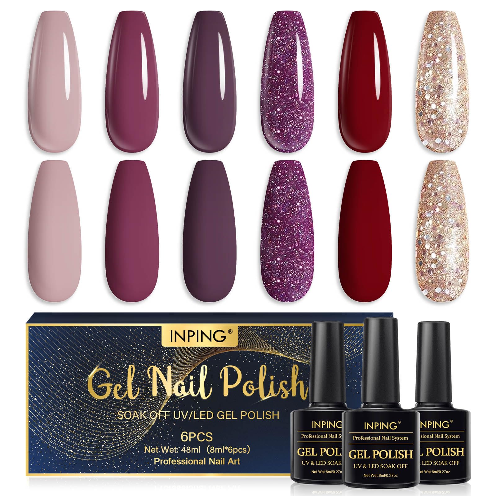 INPING Pintauñas Semipermanentes, 6 Color Esmaltes Semipermanentes Para Uñas Rojo Nude Oscuro Morado Dorado Glitter, UV LED Semipermanente en Gel Regalos para Casa Salón de Manicura DIY