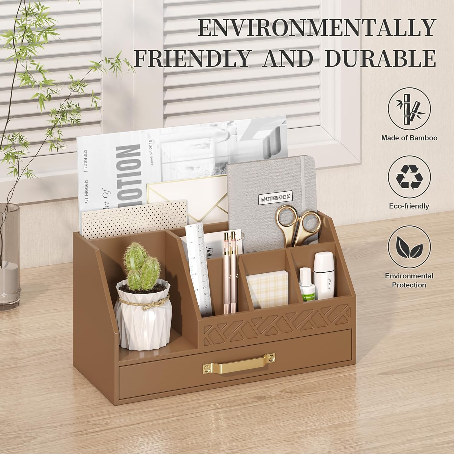 Bamboo Desk Organizer with Drawers, Mail Organizer Countertop Wood Desk Drawer Tabletop Storage Organization Pen Holder Letter Sorter Makeup Organizer for School Home Office (Brown)