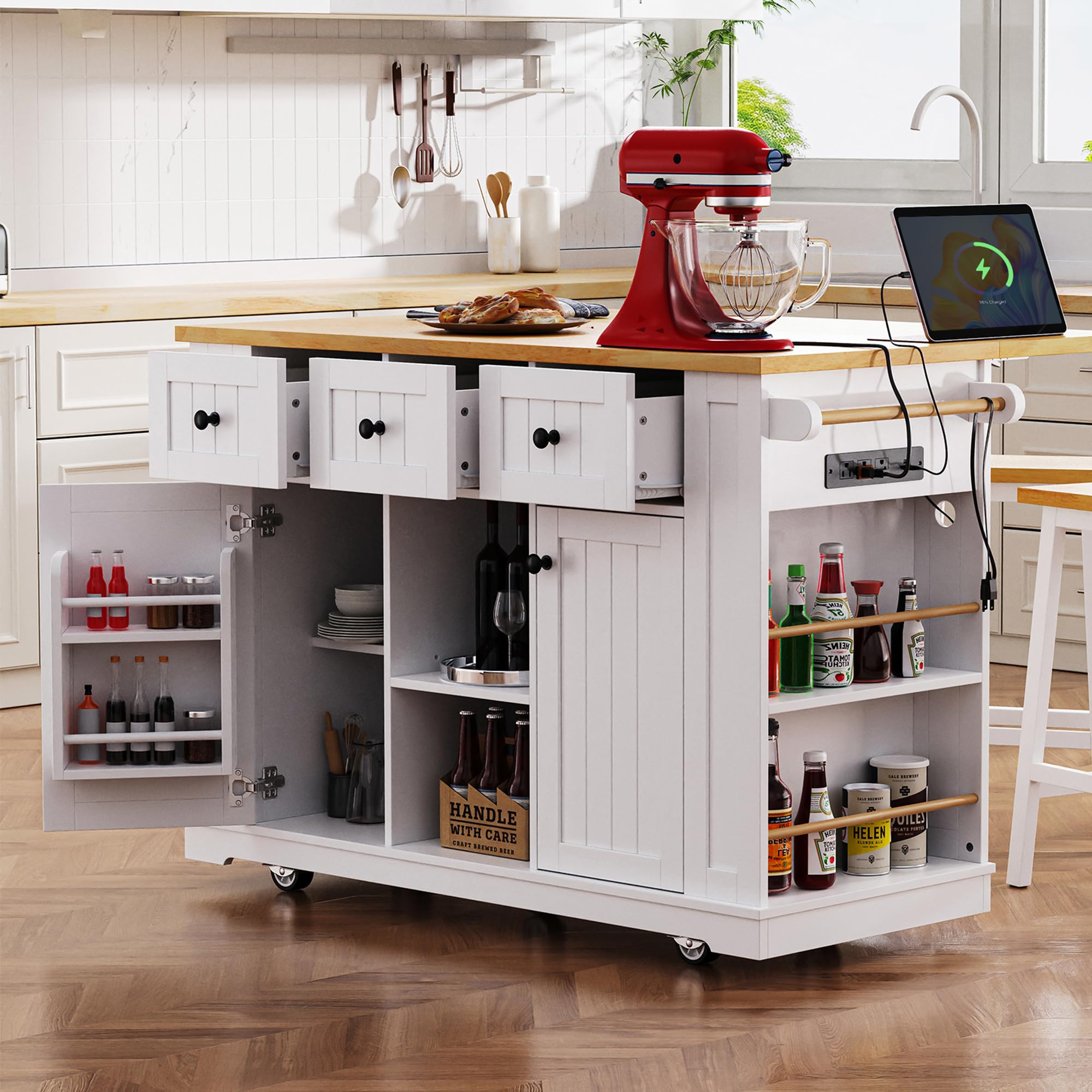 Kitchen Storage Island on Wheels with Drop Leaf & Power Outlet, Rolling Kitchen Island Cart with Open Side Racks, Door Shelves and Towel Bar, 53-Inch, White