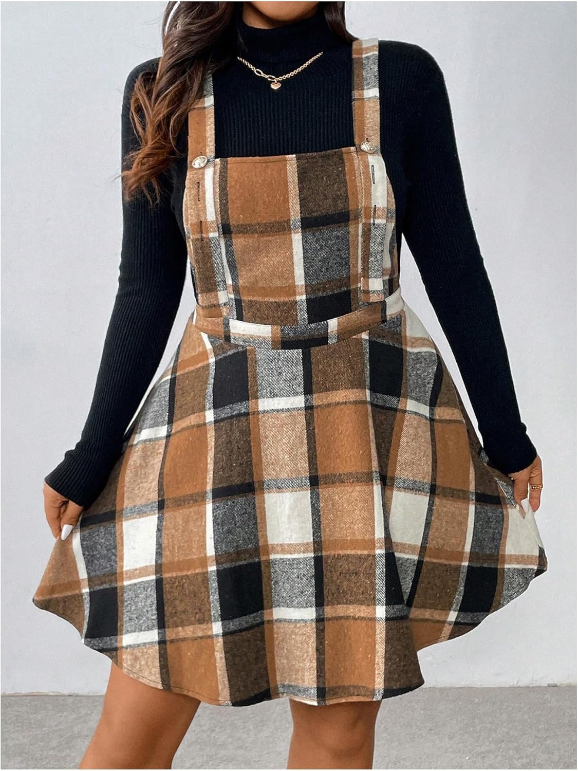 WDIRARA Women's Plus Size Plaid Pinafore Overall Dress Criss Cross Flared Short Dresses - Image 3