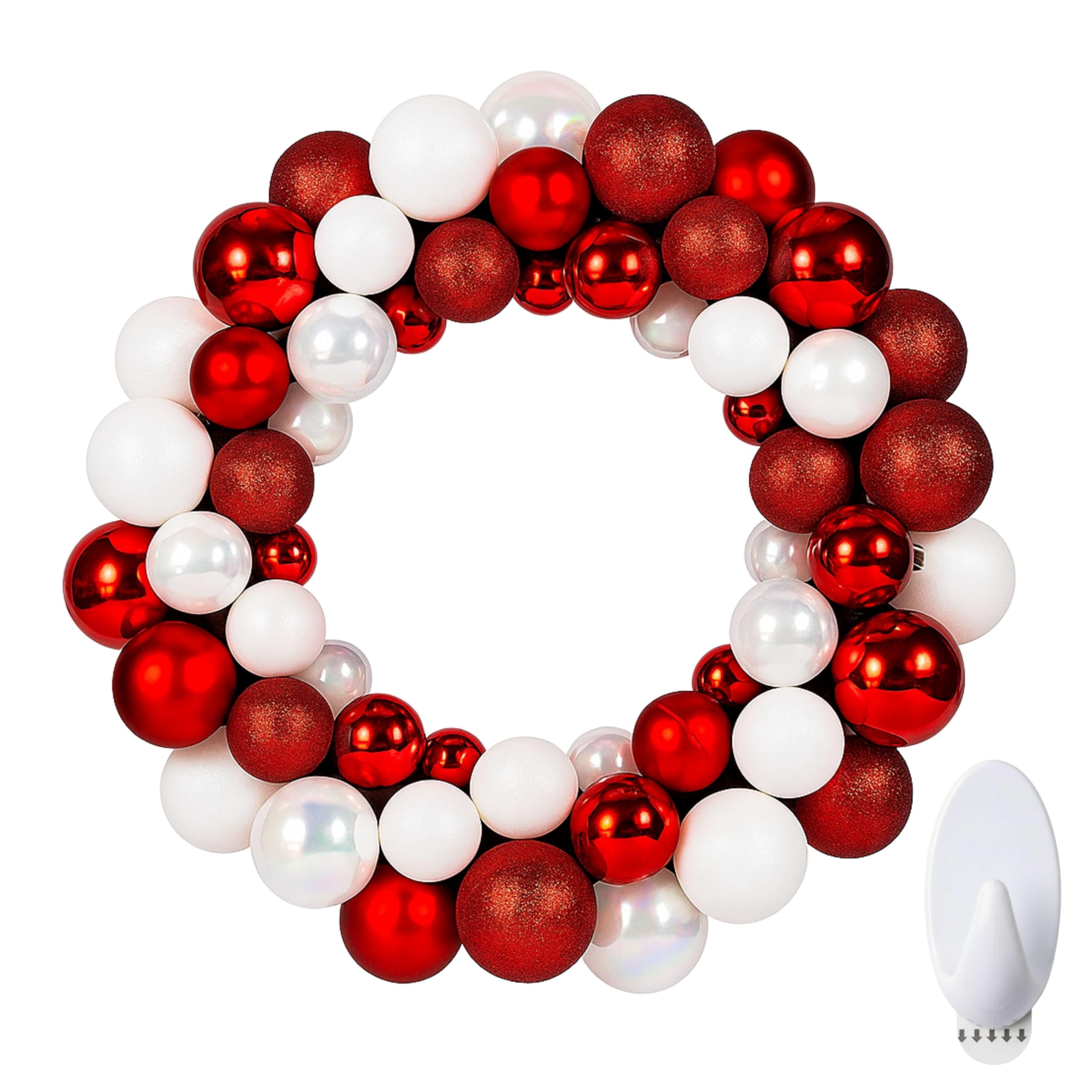ALAYSTAR Candy Cane Christmas Bauble Wreath Red White Festive Door Wreath with Shiny Matte & Glitter Ornaments Luxury Xmas Decoration for Front Door Wall Fireplace Holiday Displays (CANDY CANE)