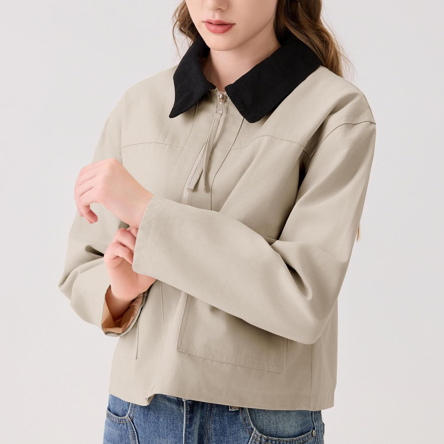 Lingjiazi Womens Cropped Jacket Contrast Collar Zip Up Utility Coat Barn Jacket Outwear with Pockets - Image 7