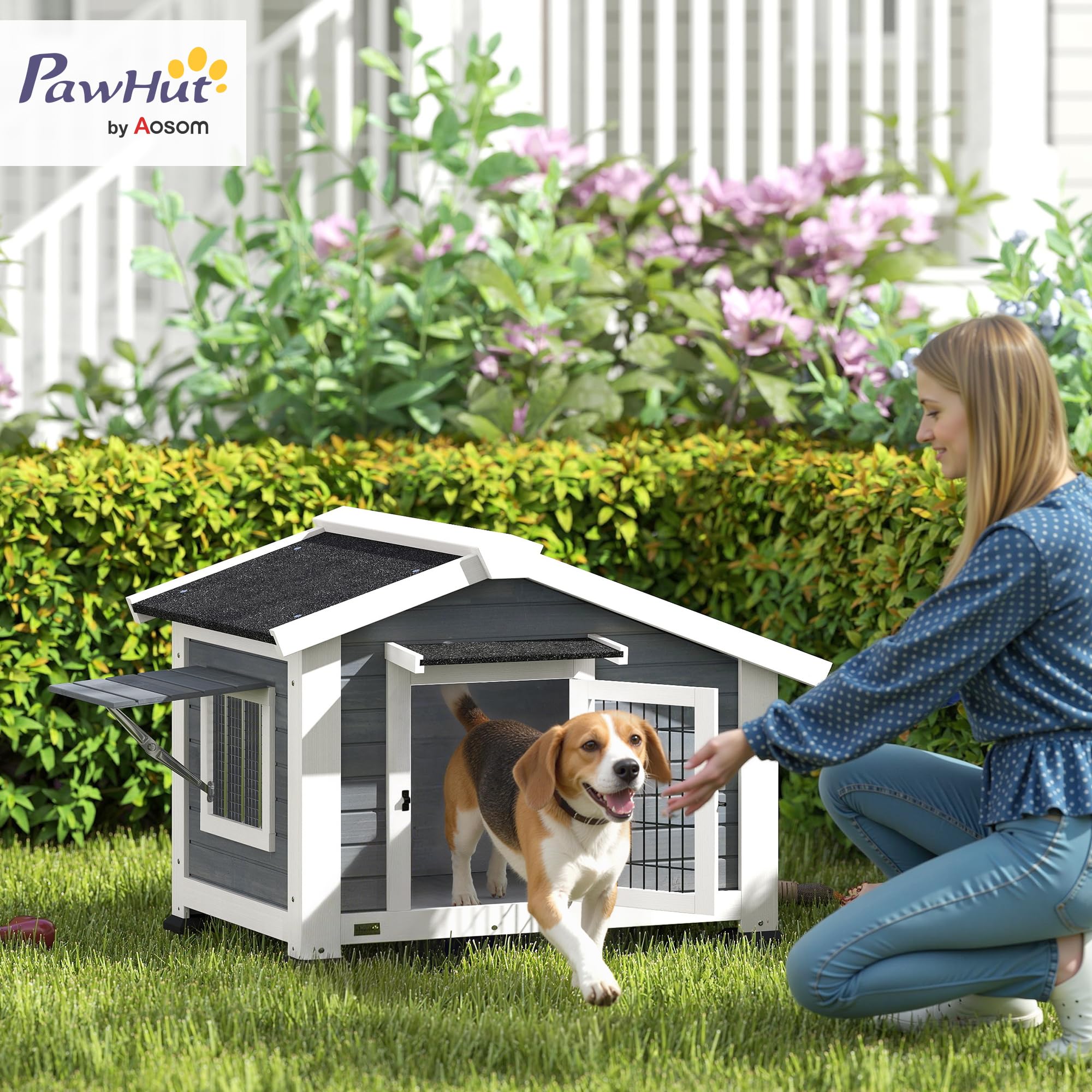PawHut Caseta para Perros Exterior de Madera, Casa para Perros Medianos con Techo Asfático, Suelo Extraíble, Ventana Abatible y Puerta Ventilada, Base Elevada, 98x76x69,5 cm, Gris