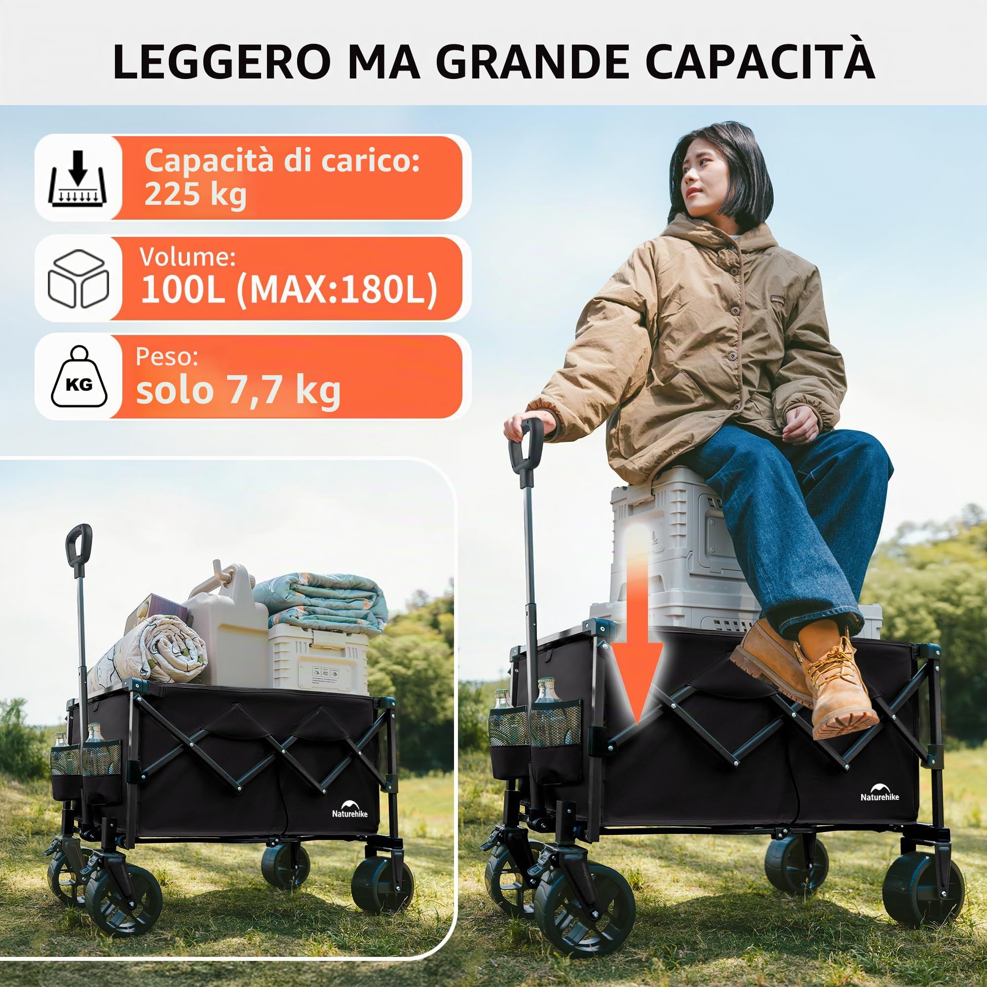 Naturehike Carrello da giardino pieghevole, carrello porta attrezzi da spiaggia adatto a tutti i terreni, con pneumatici larghi girevoli a 360 gradi, portata 120 kg, adatto per campeggio(Nero 100L)