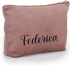 Caribu design Pochette in Velluto Personalizzata con Nome Iniziali Testo - Borsa per Trucchi, Cosmetica, da Viaggio, con Cerniera - Idea Regalo Personalizzata per Lei Donna (Rosa quarzo, Grande)