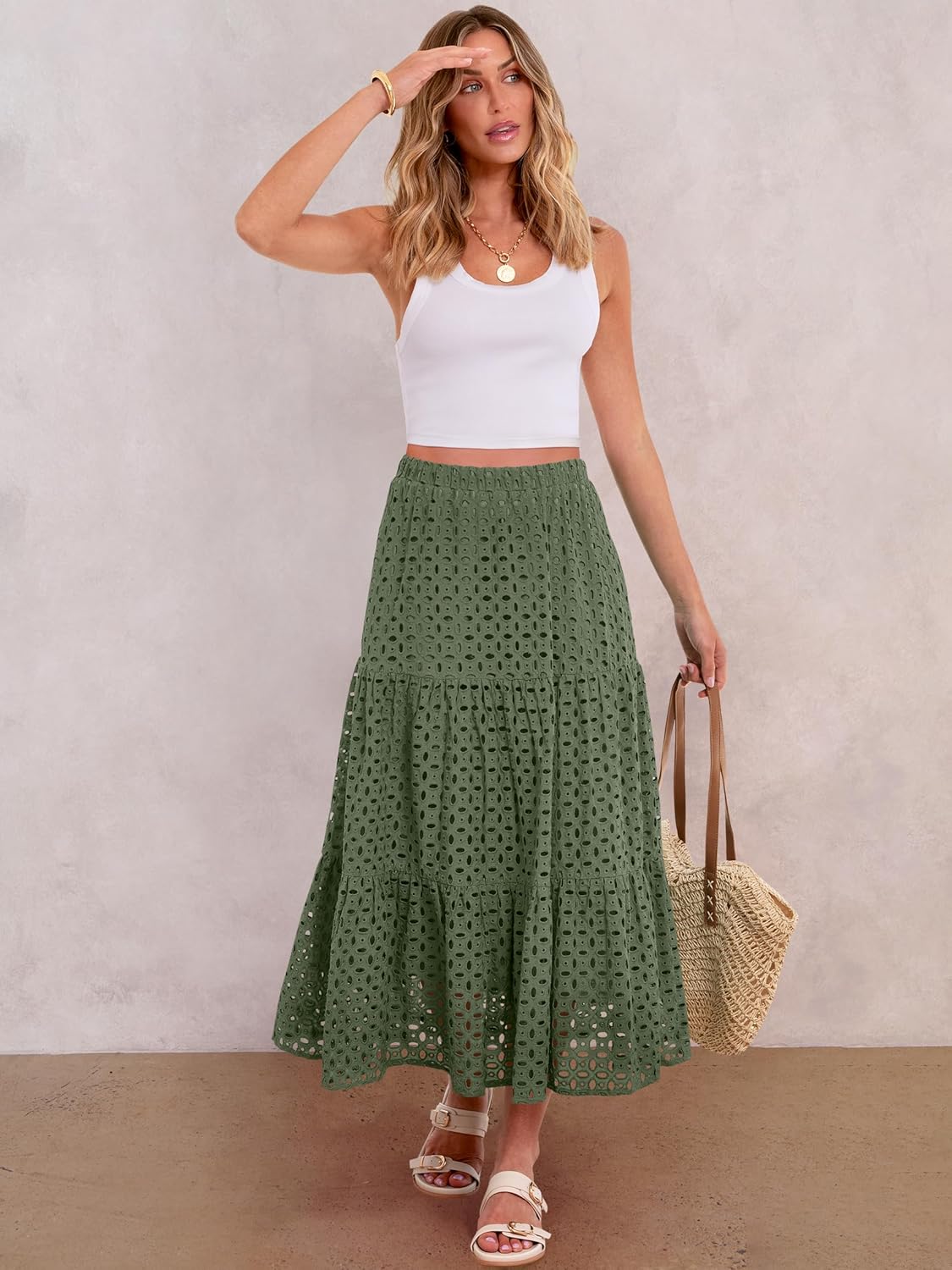 ANRABESS Maxi Skirts for Women Boho Tiered Eyelet Elastic High Waist A-Line Summer Casual Flowy Beach Vacation Long Skirt - Image 6