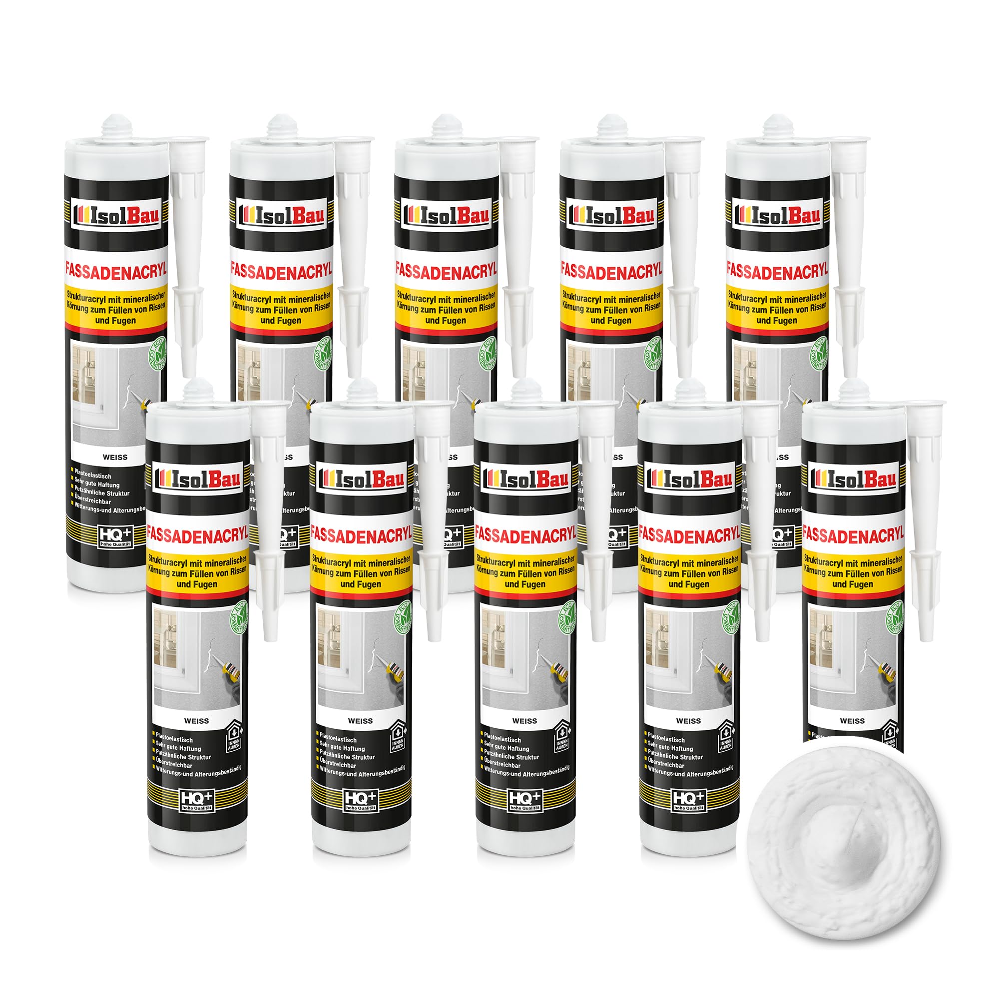 Isolbau Mastic acrylique pour façades - Mastic acrylique avec grain pour combler les fissures et les joints en intérieur et en extérieur - Blanc - Cartouche de 10 x 300 ml