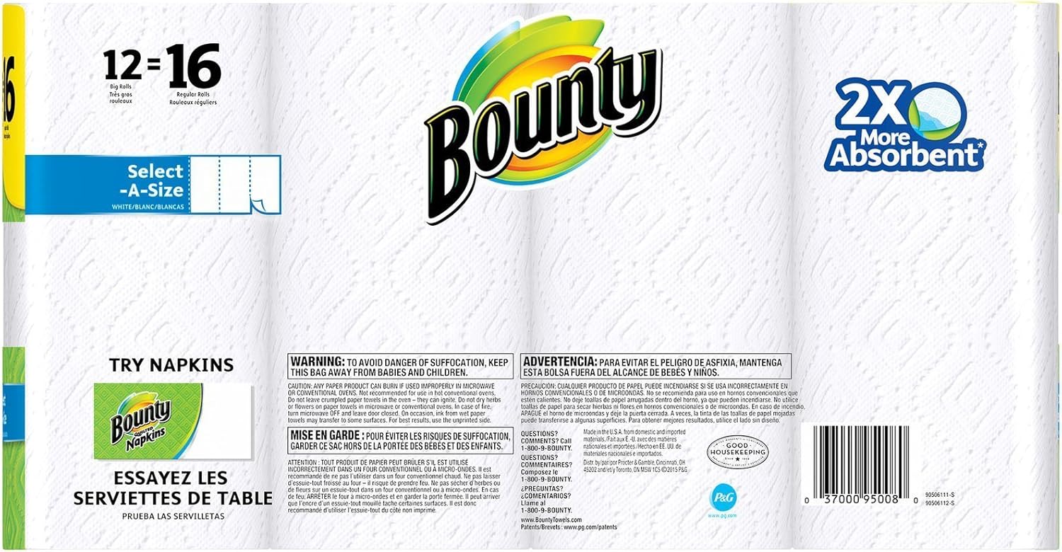 Bounty Select-a-Size Paper Towels, White, 12 Rolls (Pack of 1)