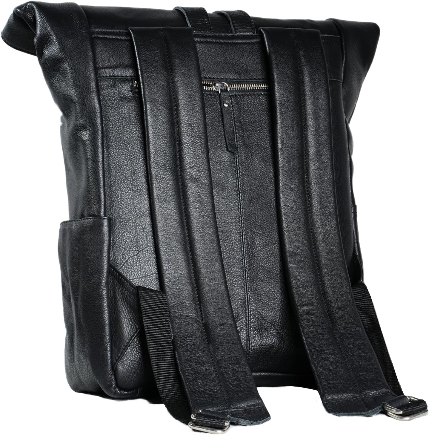 Black Leather Roll-Top Backpack 18 Inch Genuine Leather Laptop Bag for Men & Women, Travel Rucksack, Office & School Backpack with Zipper Pocket - Image 2