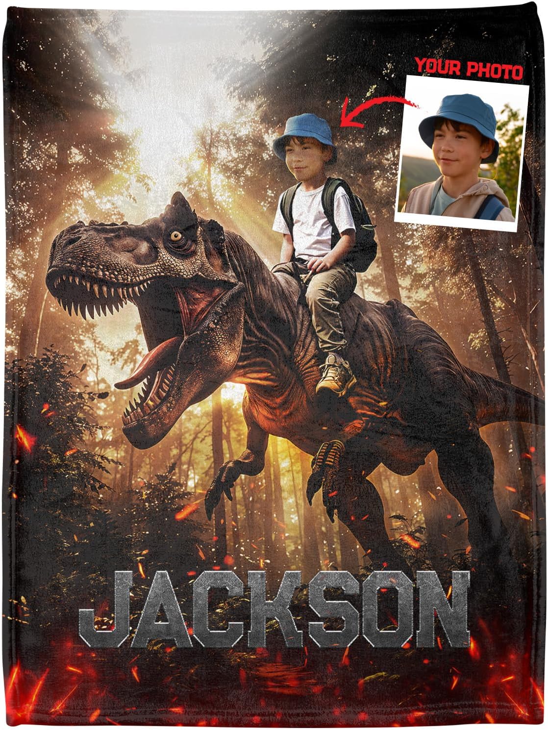 Personalized Kid Photo Blanket with Face, Custom Boy Riding Dinosaur Blanket, Little Boy Riding Dinosaur Blanket, New Baby Gift, Gift for Boys, Nursery Decor, Warm Soft Blanket