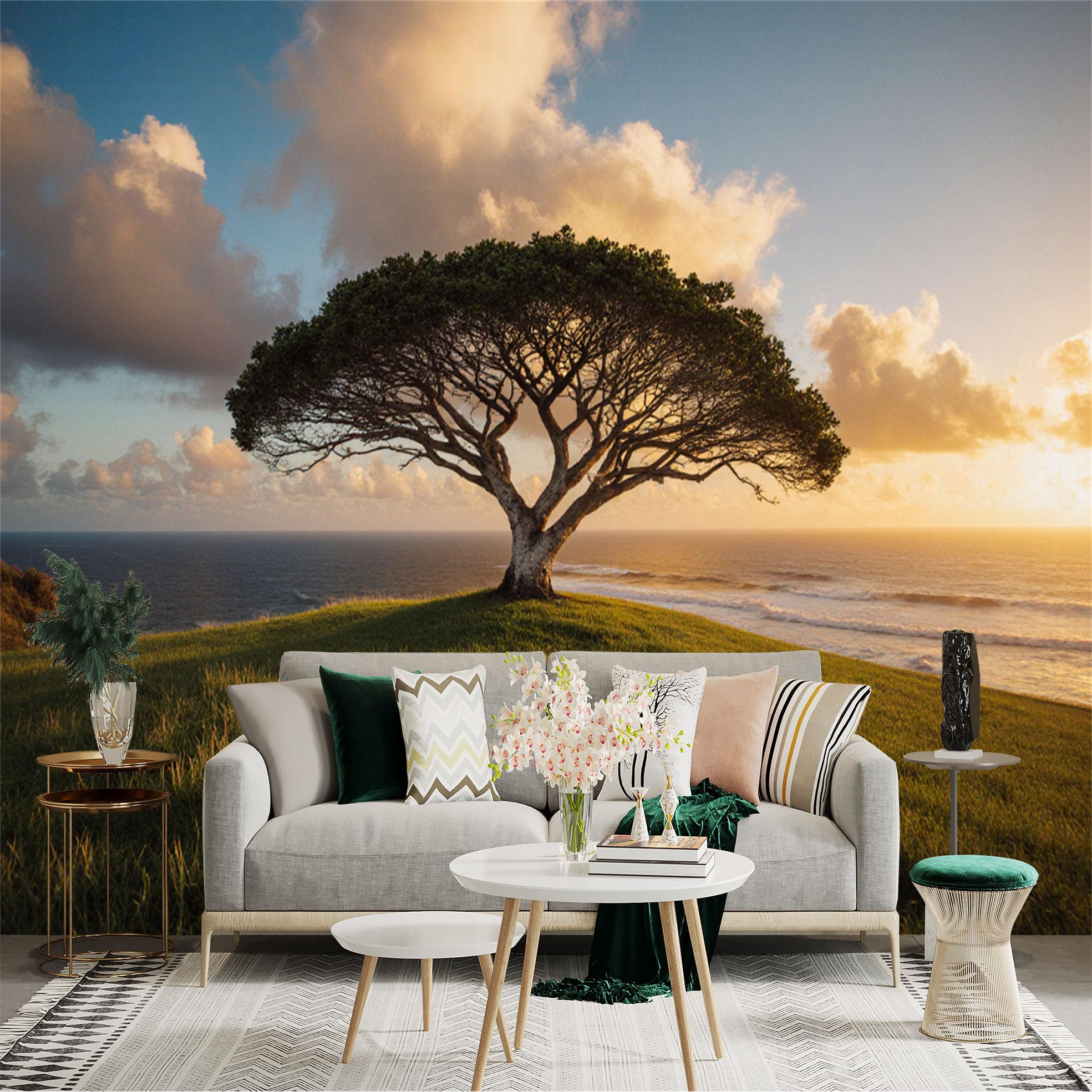 Custom Size Wall Sticker Mural， Solitary Tree on Hilltop， Golden Sunset Over Ocean， Scenic Nature Landscape， Serene Coastal Horizon， for wall Decoration， peelandstick wall Decals.