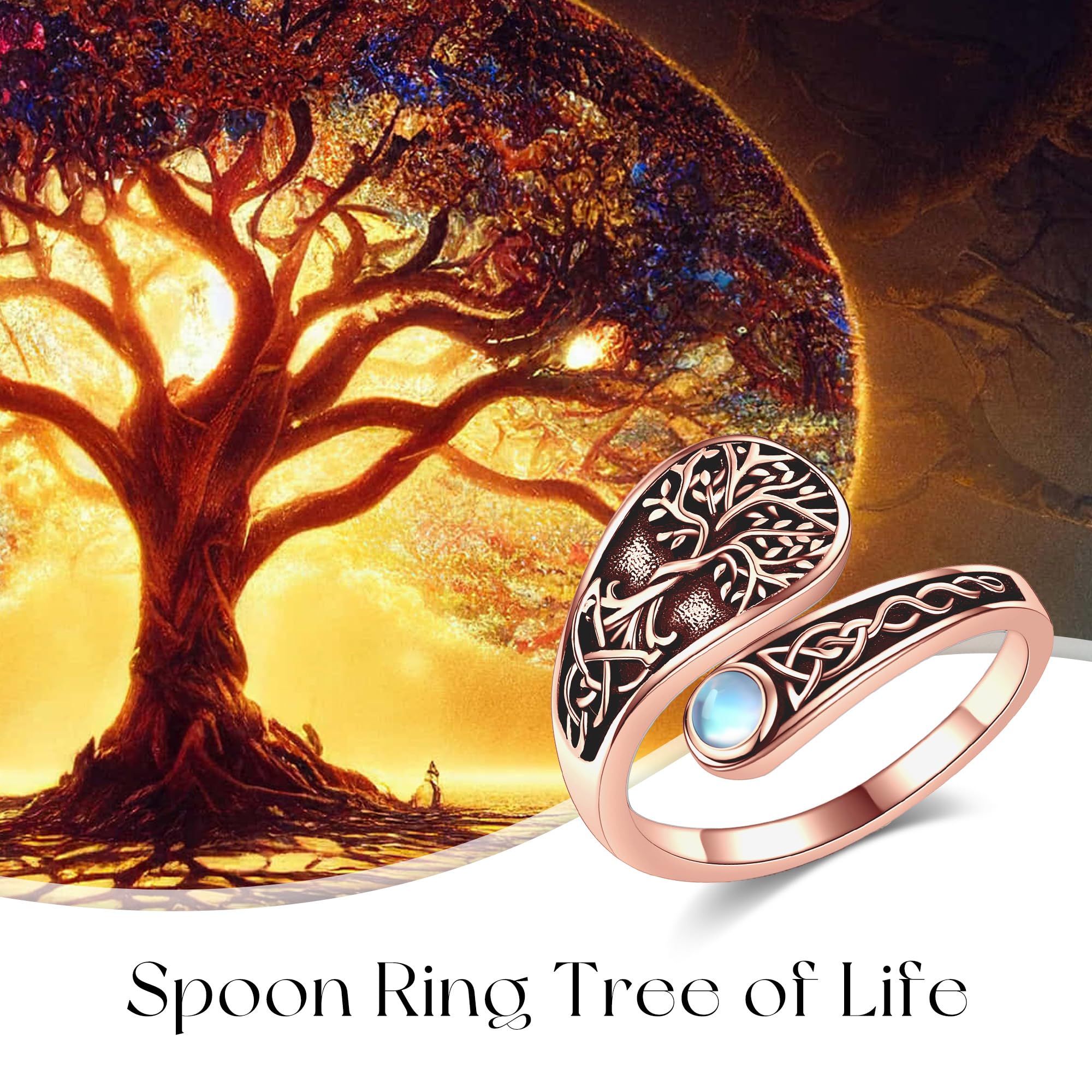 DAYLINLOVE Baum des Lebens Ring 925er Sterling Silber Keltischer Knoten Mondstein Einstellbarer Offener Daumen Ring Baum des Lebens Schmuck Geschenke für Damen Frauen Mädchen Mama Oma