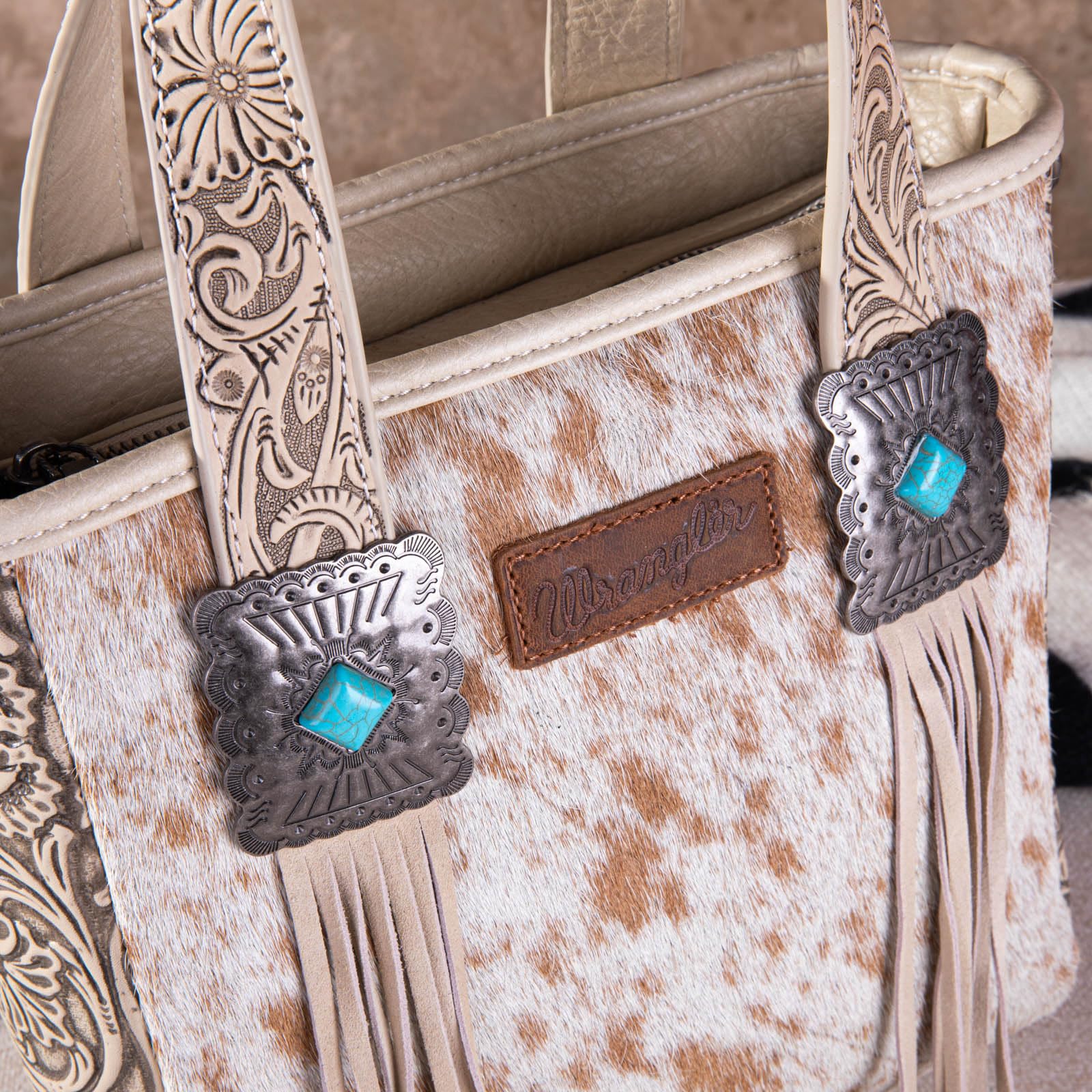 Montana West Wrangler - Borsa tote da donna in pelle bovina, con frange in stile occidentale, con pietre turchesi