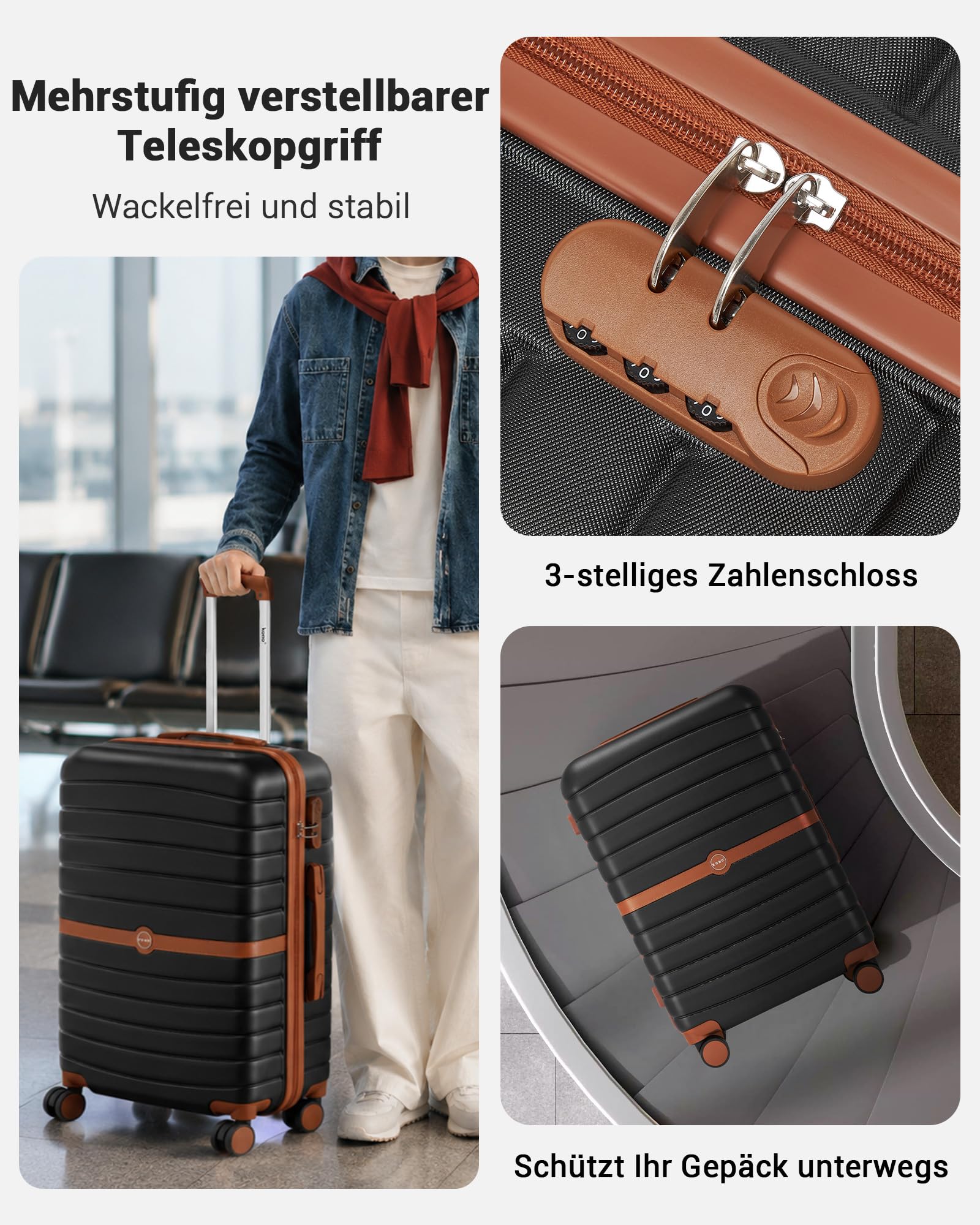 KONO Koffer Reisekoffer Trolley Handgepäck Koffer 55x40x20cm von ABS+PC Hartschalenkoffer mit Zwillingsrollen und Zahlenschloss(Schwarz/Braun, 55cm)