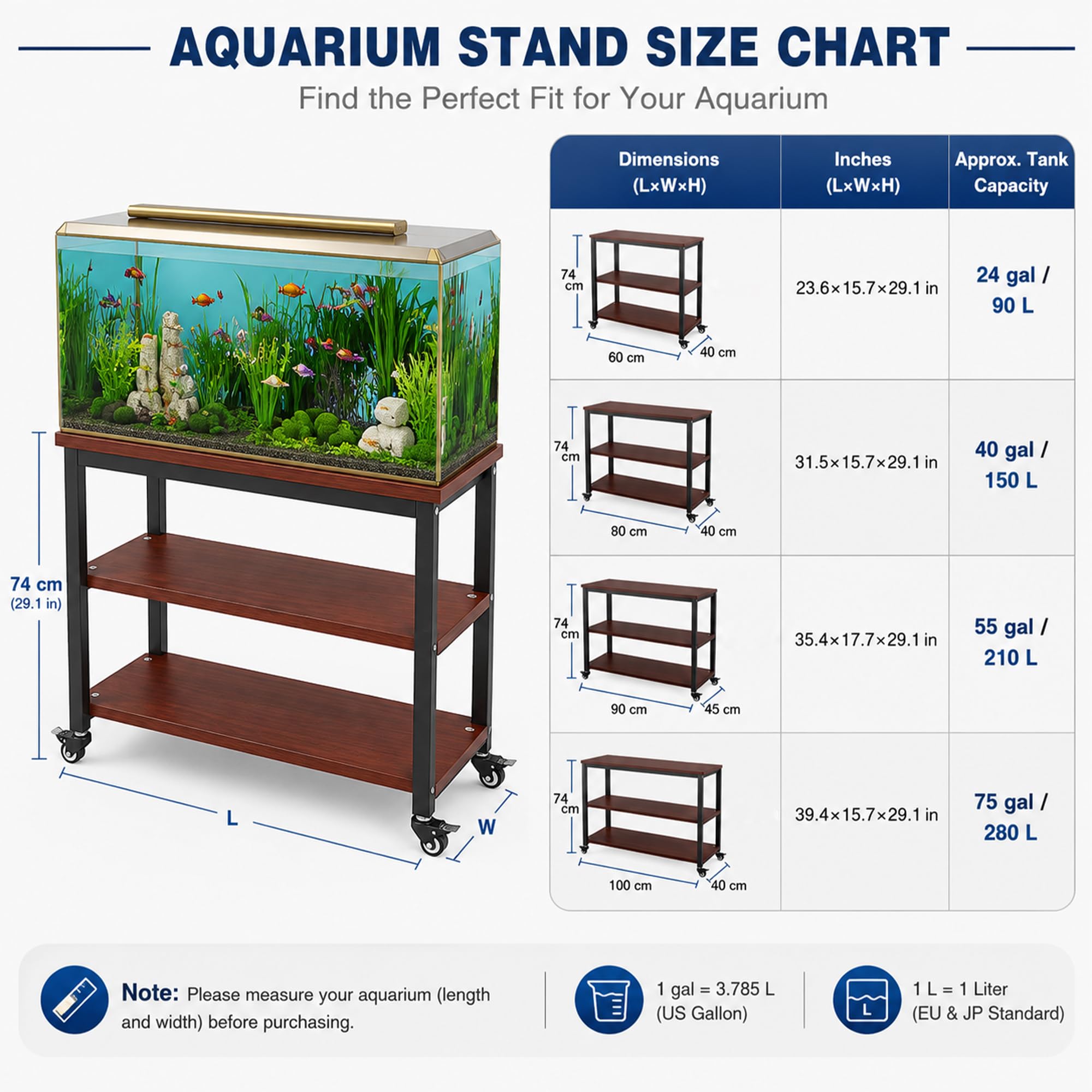 JSWHYBD Mueble soporte pecera terrario resistente con ruedas | Mesa doble nivel almacenamiento para peces tortugas reptiles, exhibición salón oficina dormitorio(G,150L)