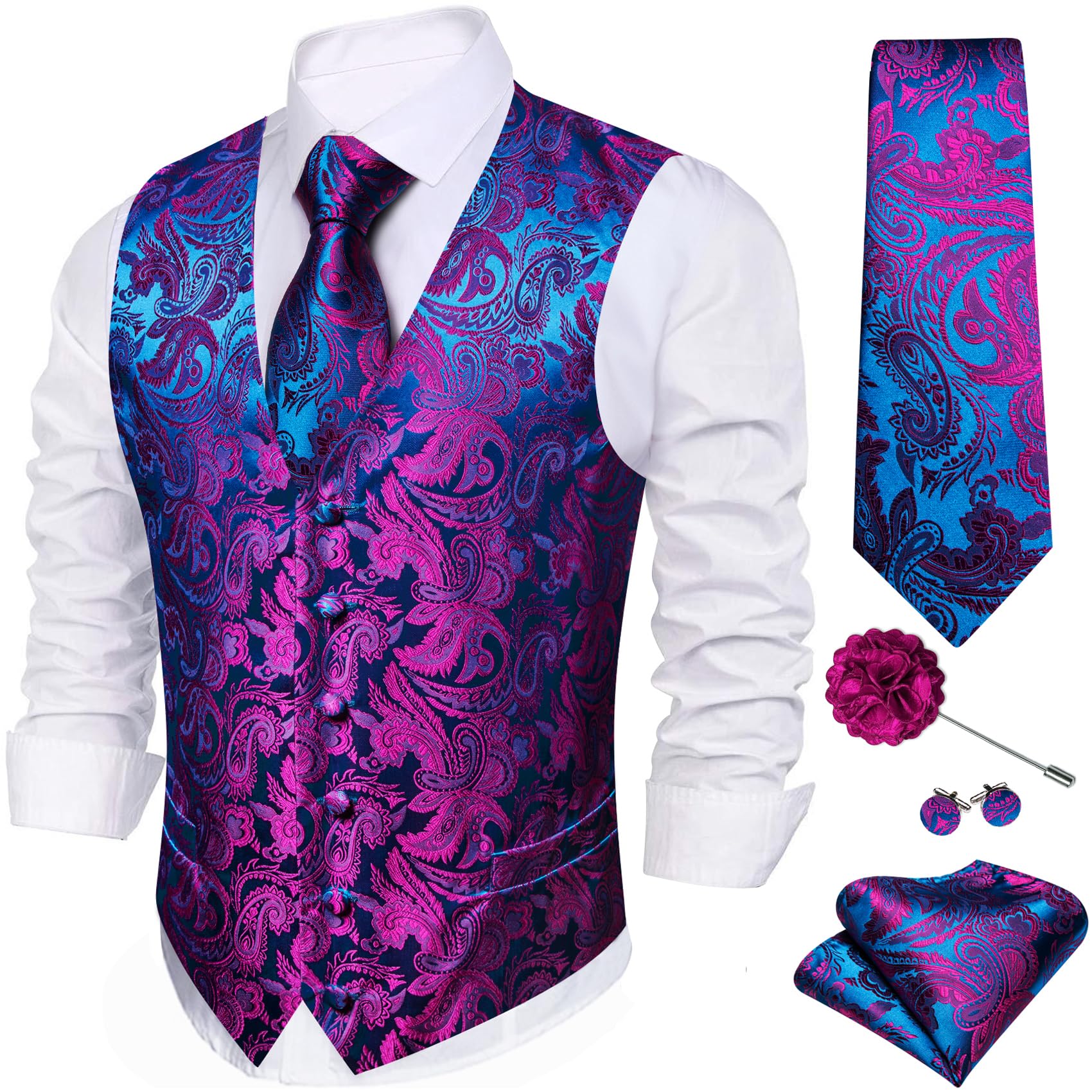 Barry.Wang Men's Suit Vest Formal/Casual Paisley Silk Tie Vests 5PCS