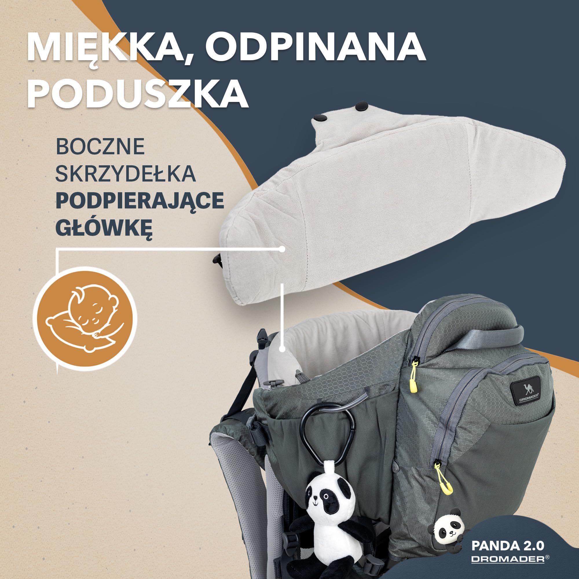 Dromader Nosidełko Turystyczne dla dzieci do 18kg - Regulowane Siedzisko z Poduszką do Spania - Chowany Daszek Przeciwsłoneczny - System Nośny Odciążający Kręgosłup - Kieszeń Termiczna – Panda Olive