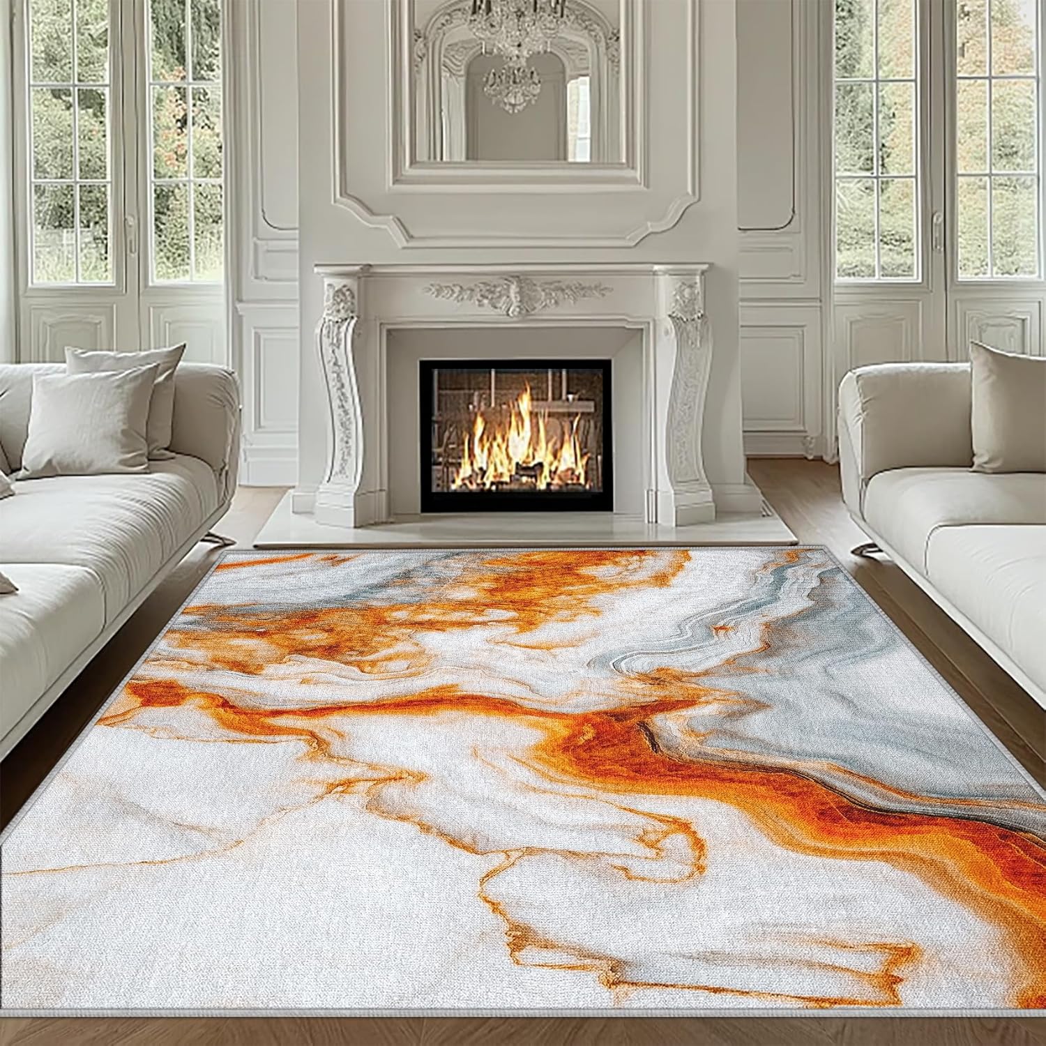 Marble Rugs for Bedroom, 2x3 Rug, Orange White Fluid Area Rug, Abstract Art Door Mat, Non Slip & Soft & Washable Small Carpet, Modern Marble Home Decor Indoor Rug