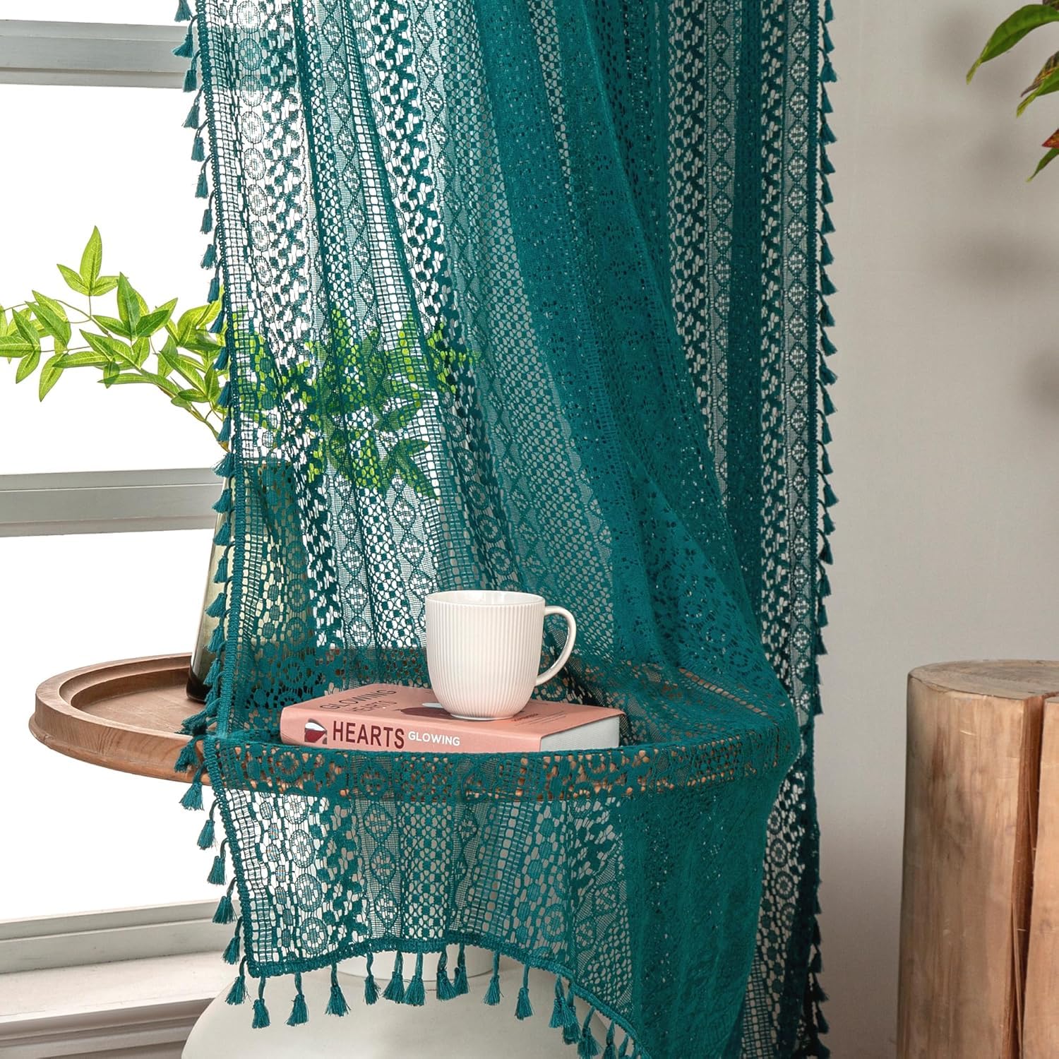 WAZZIO Teal Sheer Curtains 96 Inches Long Set of 2, Boho Cotton Crochet Lace Curtains with Tassel Rod Pocket Semi Sheer Non See Throgh Light Filtering Curtain Drapes for Bedroom Living Room,Turquoise — image 1