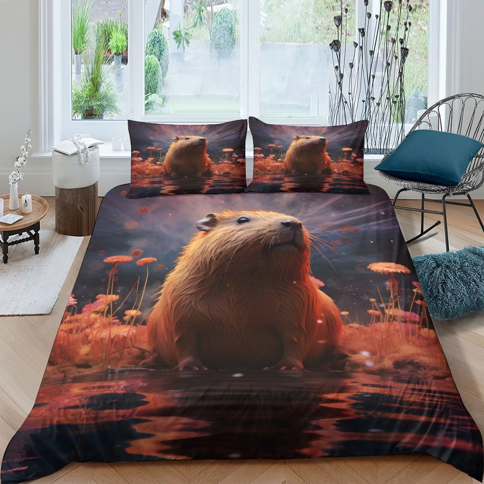 Ctjqhvkz Style-5 3D Printed Capybara Lake Fitted Sheet Microfiber Soft Orange Sunset Mushroom Mattress Cover Bedroom Decor Single（135X200cm）