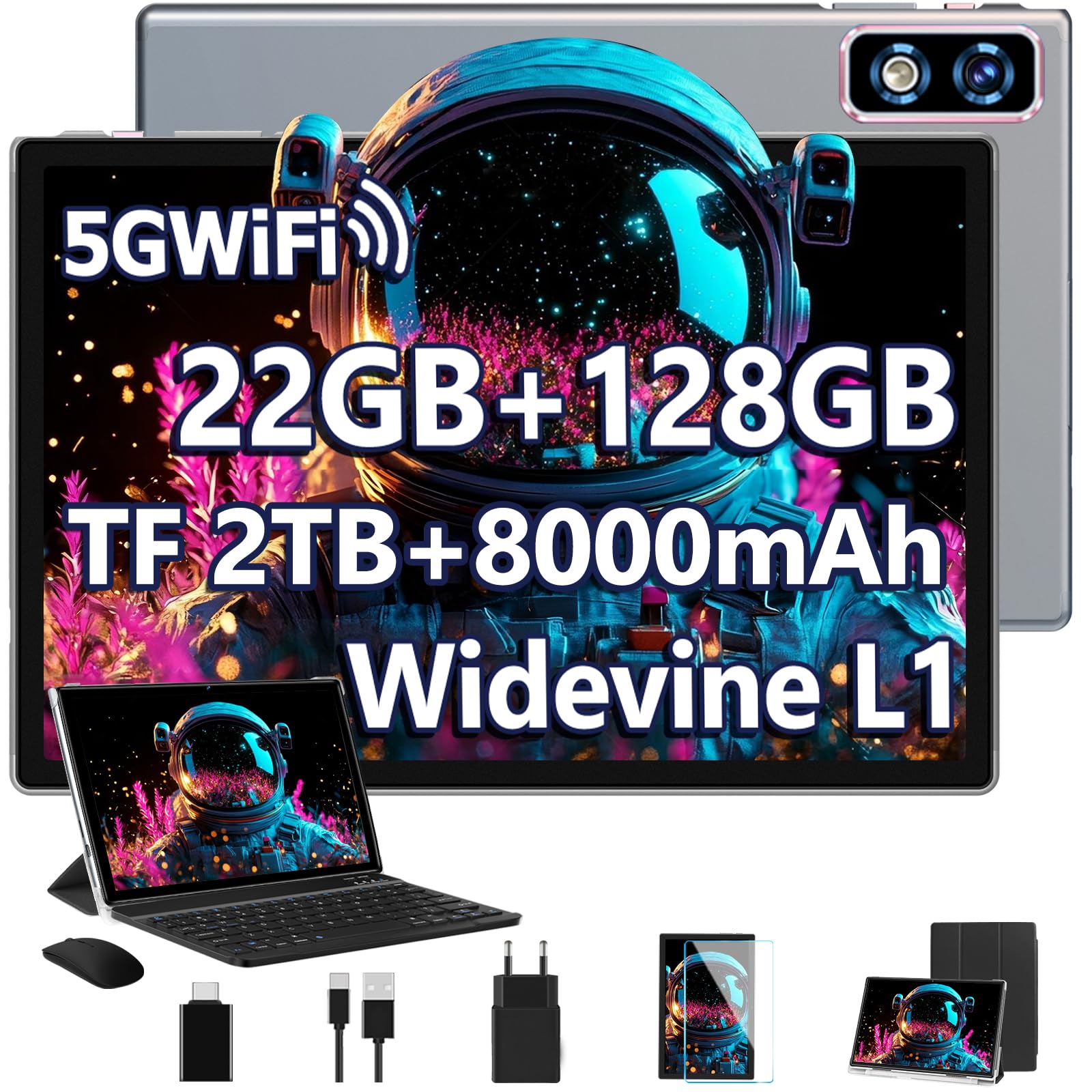 Latest Gemini AI Android Tablet, 10 Inch Tablet, 22GB+128GB/TF 1TB, Octa-Core 2.0GHz, 5G WiFi, Bluetooth5.0, 8000mAh Battery, 8MP+5MP, Widevine L1, GPS, Tablet with Case, Keyboard and Mouse - Grey