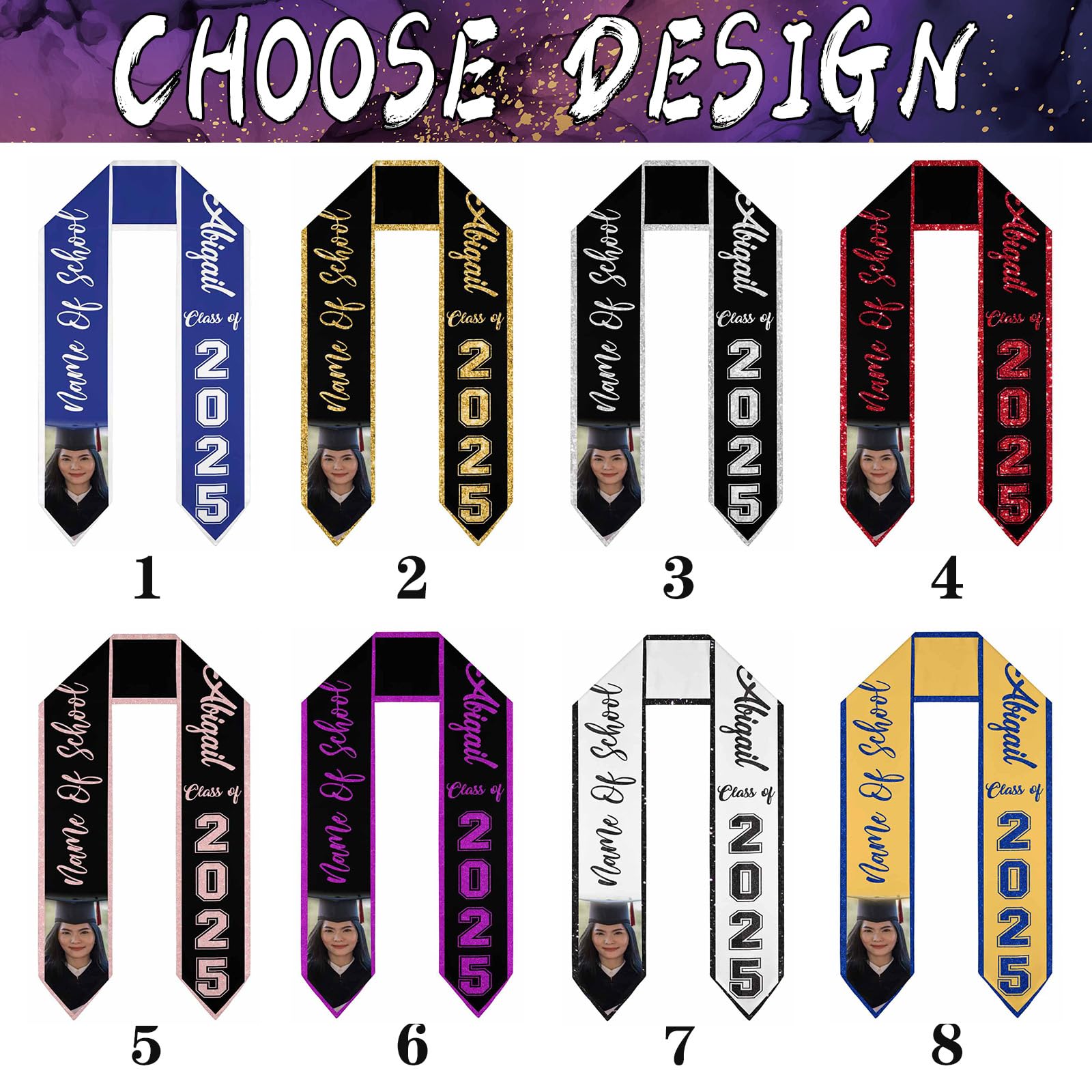 InterestPrint Custom Graduation Stole Sash Sparkling Pattern Class of 2025 Purple Personalized Graduation Stole with Name/Photo, Personalized Gifts for Students, Friends on Graduation Day or Party